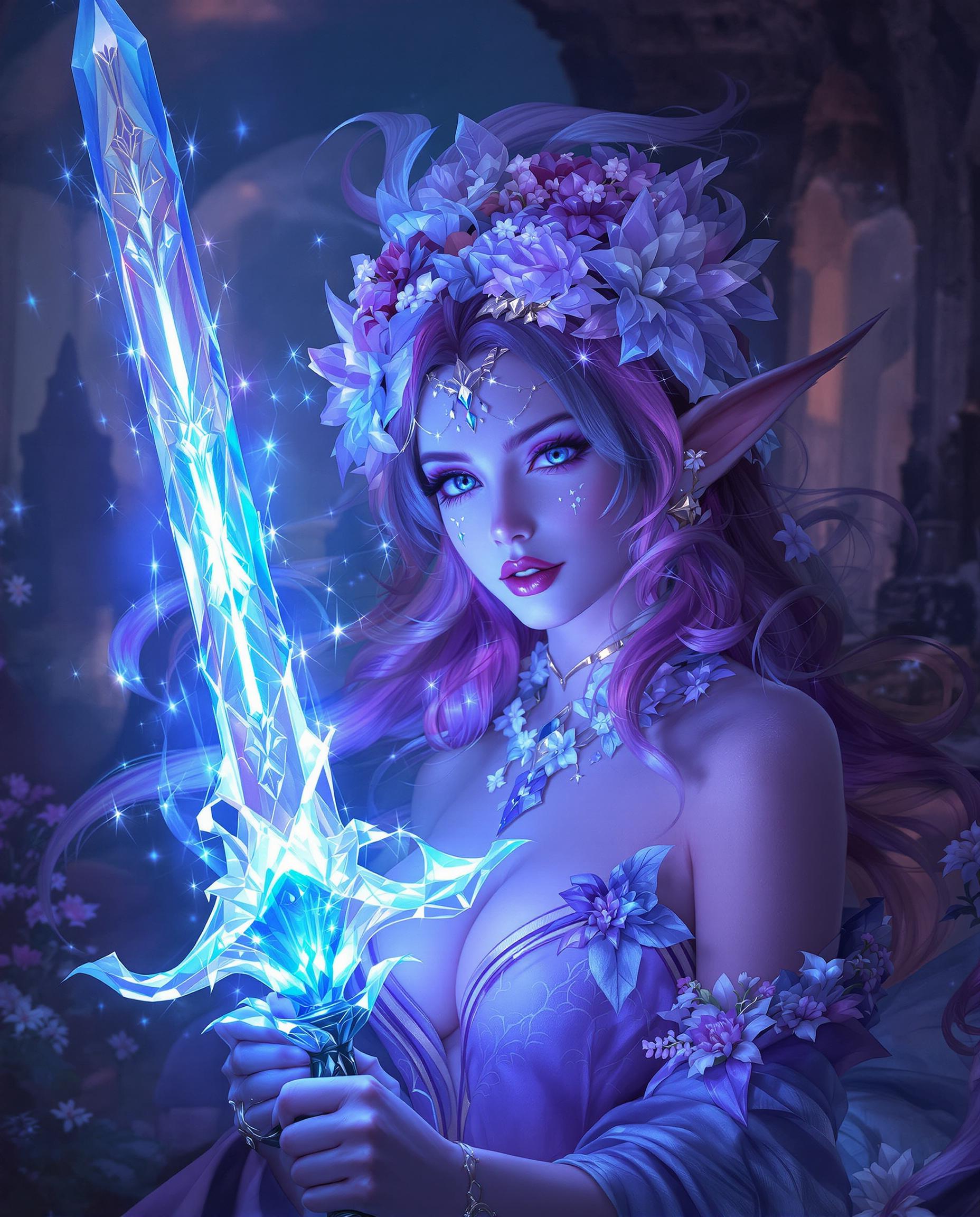 A breathtaking high-resolution digital painting of a female character embodying fantasy and mystique, captured in a photorealistic style with exaggerated features like large, expressive eyes and flowing, intricately detailed hair adorned with crystalline floral elements. Her vibrant purple and blue color palette creates a cool, ethereal atmosphere, complemented by a glowing, translucent sword with a detailed hilt that emits a soft, dynamic light as the focal point. Surrounded by delicate, shimmering flowers and dimly lit ancient ruins in the background, her richly textured, flowing attire adds grace and movement to this magical, timeless scene.
