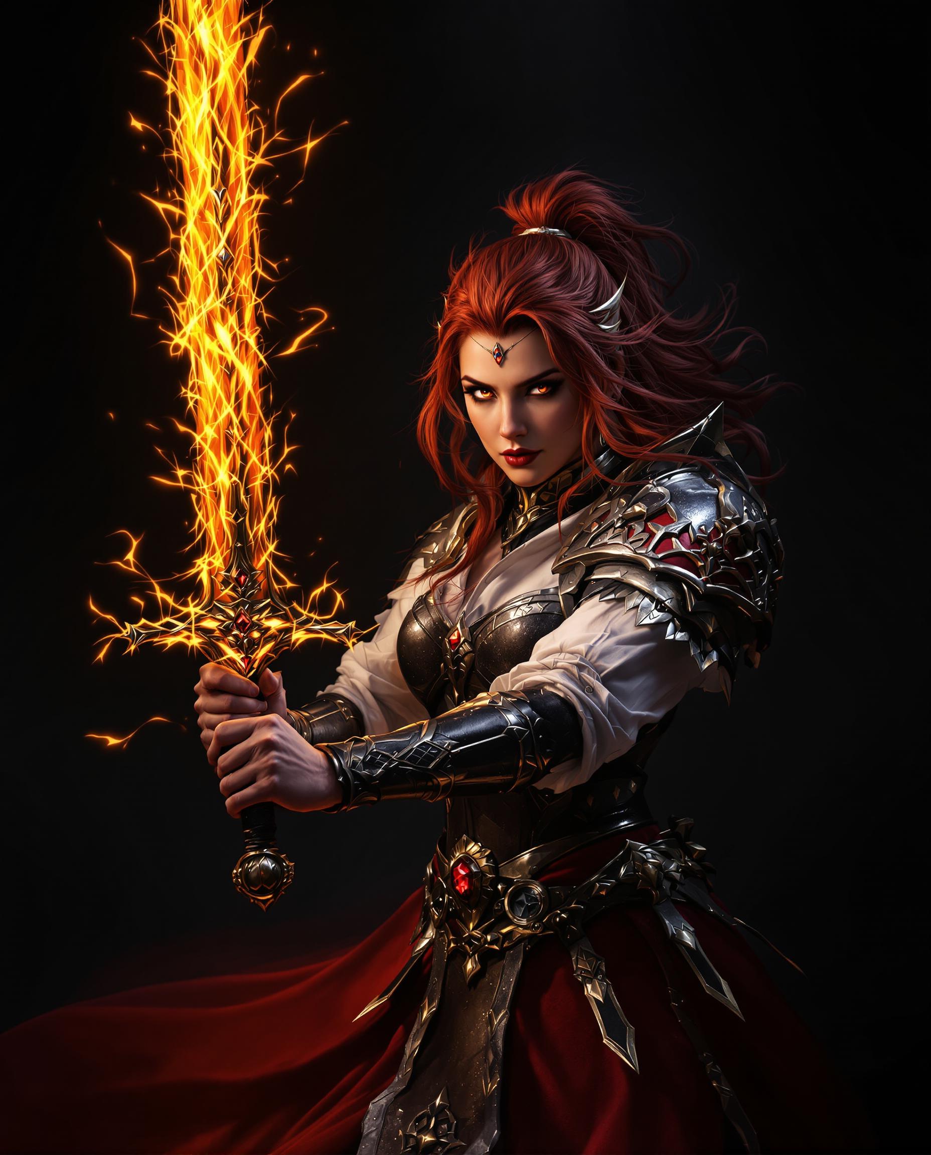 A stunning photorealistic digital painting of a fierce female warrior, exuding fantasy and power, as she wields a glowing, fiery sword adorned with gold and jewels. Captured in a dynamic composition with a dark, dramatic background, the scene is illuminated by cinematic lighting that highlights the rich reds and oranges of her hair and the sword’s blaze, contrasting with her dark armored outfit, white shirt, and vibrant red skirt. The expert use of shadow and depth, combined with a DSLR-like 50mm lens effect and 8K detail, creates a striking sense of movement and battle-ready intensity.