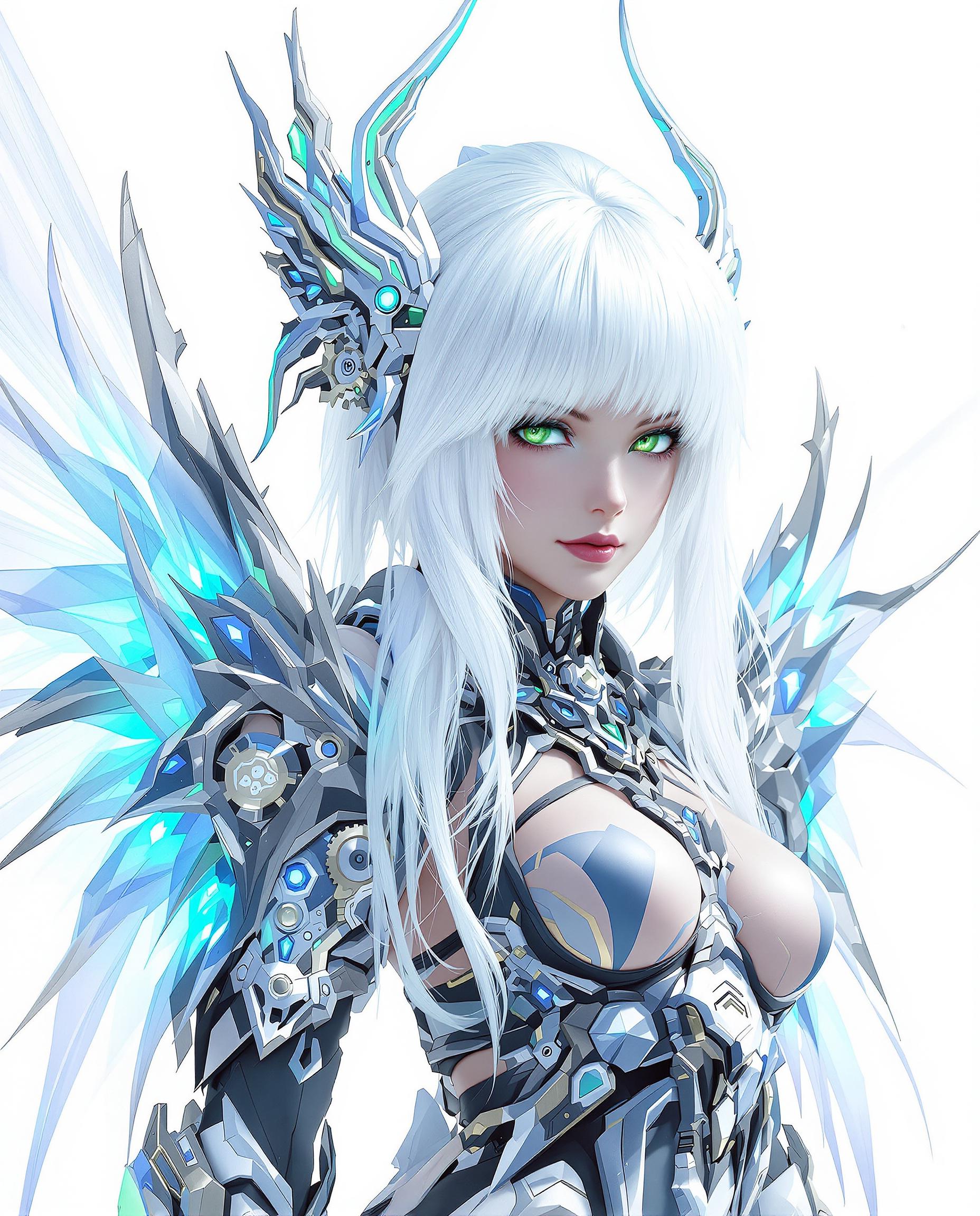 A photorealistic digital painting of a female humanoid character with a cyberpunk-inspired aesthetic, featuring white, cascading hair with a translucent, ghostly quality and striking green eyes that pierce through a cool-toned color scheme of blues, silvers, and hints of purple. She wears a futuristic outfit blending metallic and organic textures, adorned with intricate gears, circuitry, and biological motifs, complemented by ornate, wing-like appendages of luminous white, blue, and green with crystalline, glowing details. The composition, captured as if through a 50mm DSLR lens with soft, diffused cinematic lighting and 8K detail, focuses on the character and wings against a simple white background, enhancing the otherworldly fantasy and sci-fi fusion.
