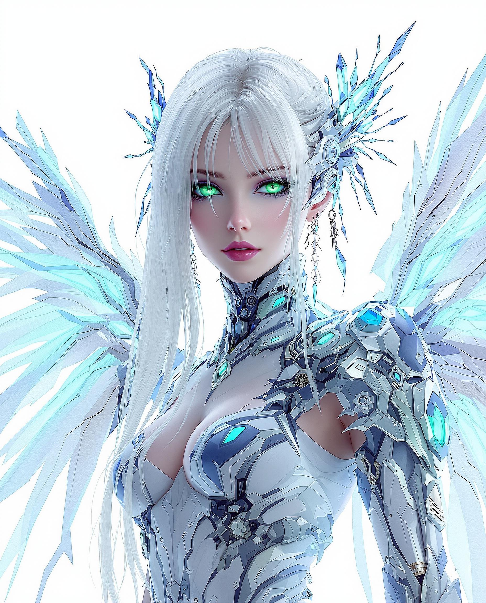 A photorealistic digital painting of a female humanoid character with a cyberpunk-inspired aesthetic, featuring white, cascading hair with a translucent, ghostly quality and striking green eyes that pierce through a cool-toned color scheme of blues, silvers, and hints of purple. She wears a futuristic outfit blending metallic and organic textures, adorned with intricate gears, circuitry, and biological motifs, complemented by ornate, wing-like appendages of luminous white, blue, and green with crystalline, glowing details. The composition, captured as if through a 50mm DSLR lens with soft, diffused cinematic lighting and 8K detail, focuses on the character and wings against a simple white background, enhancing the otherworldly fantasy and sci-fi fusion.