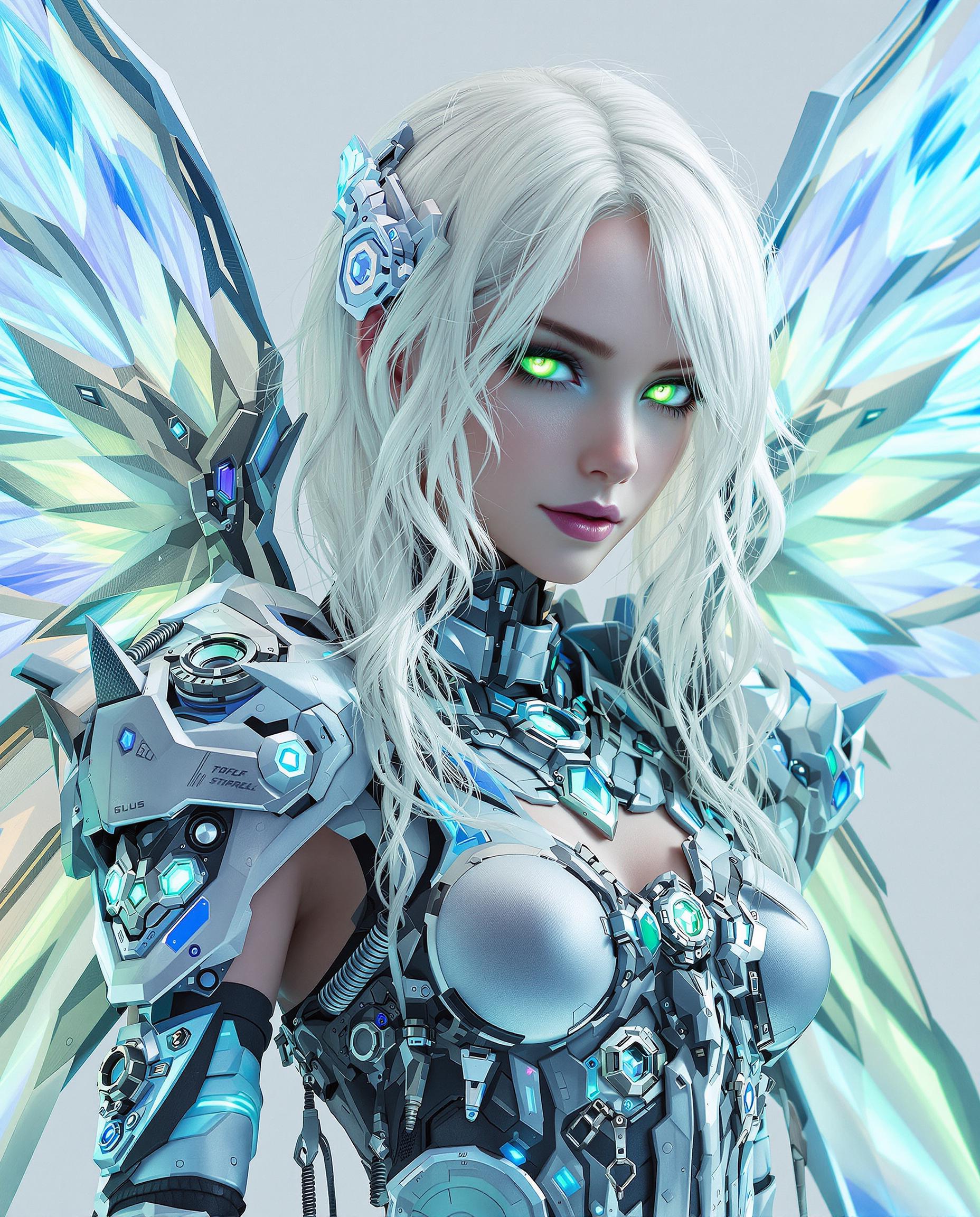 A photorealistic digital painting of a female humanoid character with a cyberpunk-inspired aesthetic, featuring white, cascading hair with a translucent, ghostly quality and striking green eyes that pierce through a cool-toned color scheme of blues, silvers, and hints of purple. She wears a futuristic outfit blending metallic and organic textures, adorned with intricate gears, circuitry, and biological motifs, complemented by ornate, wing-like appendages of luminous white, blue, and green with crystalline, glowing details. The composition, captured as if through a 50mm DSLR lens with soft, diffused cinematic lighting and 8K detail, focuses on the character and wings against a simple white background, enhancing the otherworldly fantasy and sci-fi fusion.