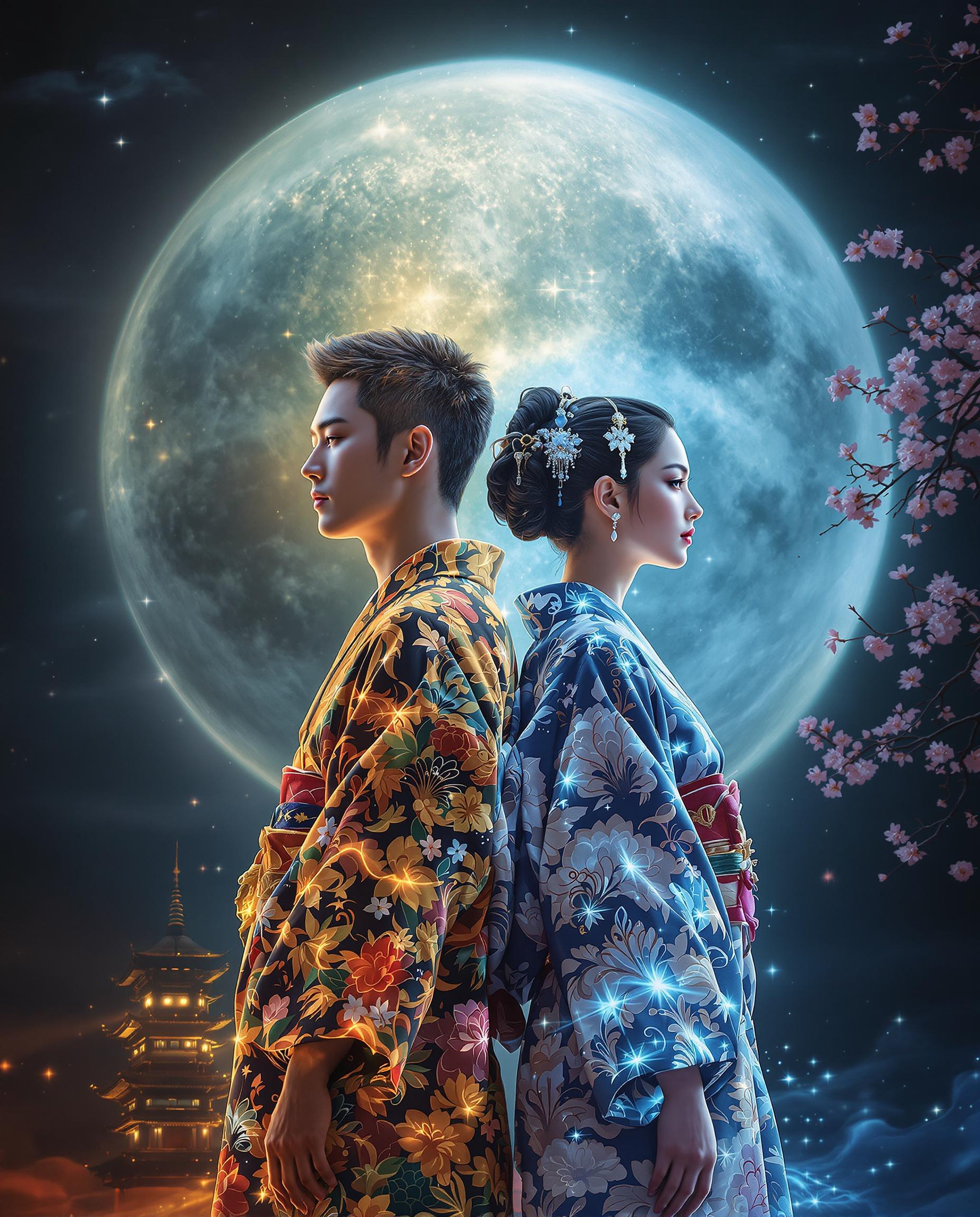 A stunning photorealistic digital painting captures two figures standing back-to-back, each embodying a distinct elemental force under the glow of a detailed full moon. The male and female, dressed in intricate traditional Japanese kimonos with floral patterns, exude fiery reds, oranges, and yellows on the left, and cool icy blues, greens, and purples on the right, creating striking contrast. A subtle pagoda silhouette and cherry blossoms frame the mystical scene, enhanced by cinematic lighting and 8K detail.