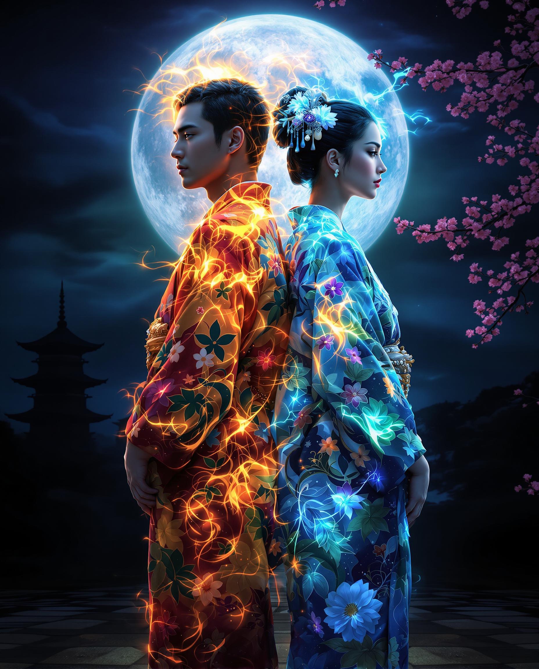 A stunning photorealistic digital painting captures two figures standing back-to-back, each embodying a distinct elemental force under the glow of a detailed full moon. The male and female, dressed in intricate traditional Japanese kimonos with floral patterns, exude fiery reds, oranges, and yellows on the left, and cool icy blues, greens, and purples on the right, creating striking contrast. A subtle pagoda silhouette and cherry blossoms frame the mystical scene, enhanced by cinematic lighting and 8K detail.