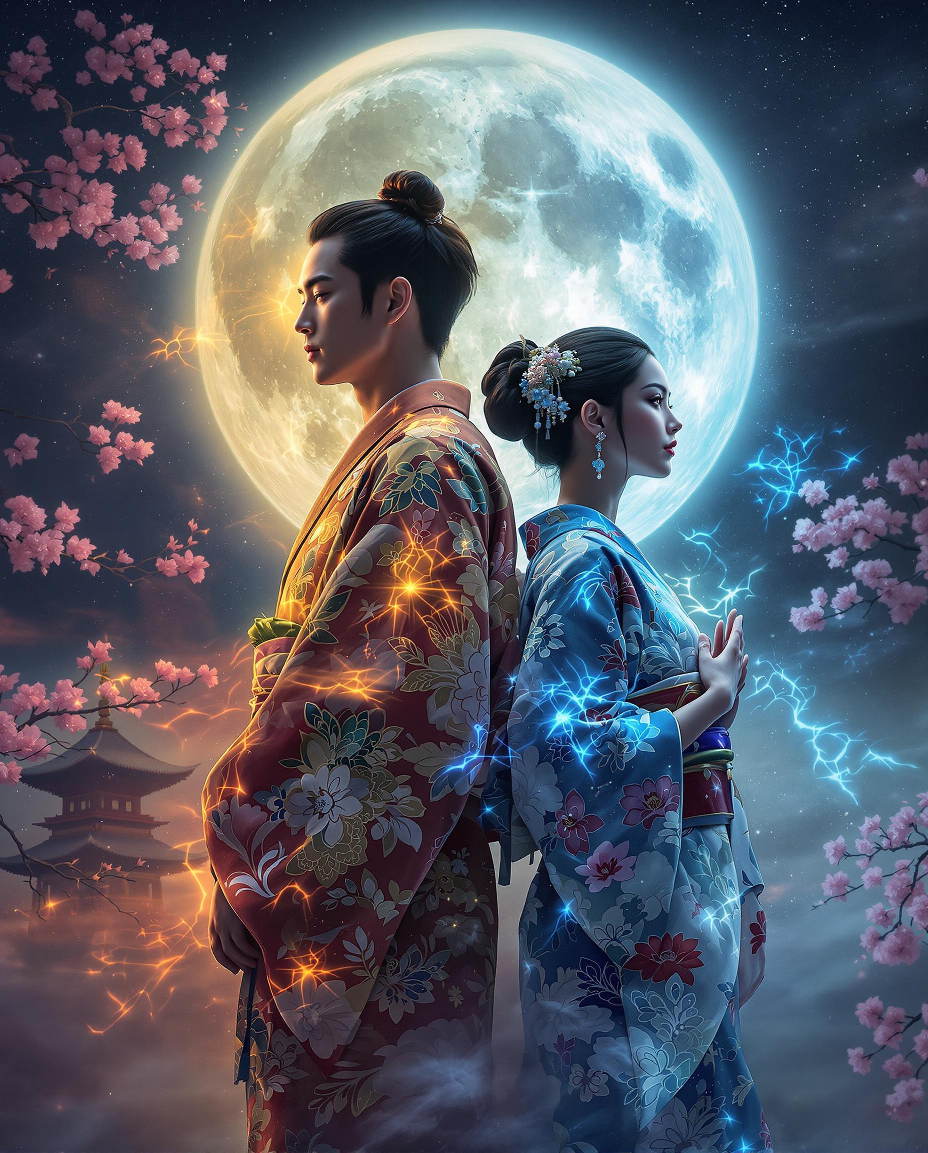 A stunning photorealistic digital painting captures two figures standing back-to-back, each embodying a distinct elemental force under the glow of a detailed full moon. The male and female, dressed in intricate traditional Japanese kimonos with floral patterns, exude fiery reds, oranges, and yellows on the left, and cool icy blues, greens, and purples on the right, creating striking contrast. A subtle pagoda silhouette and cherry blossoms frame the mystical scene, enhanced by cinematic lighting and 8K detail.