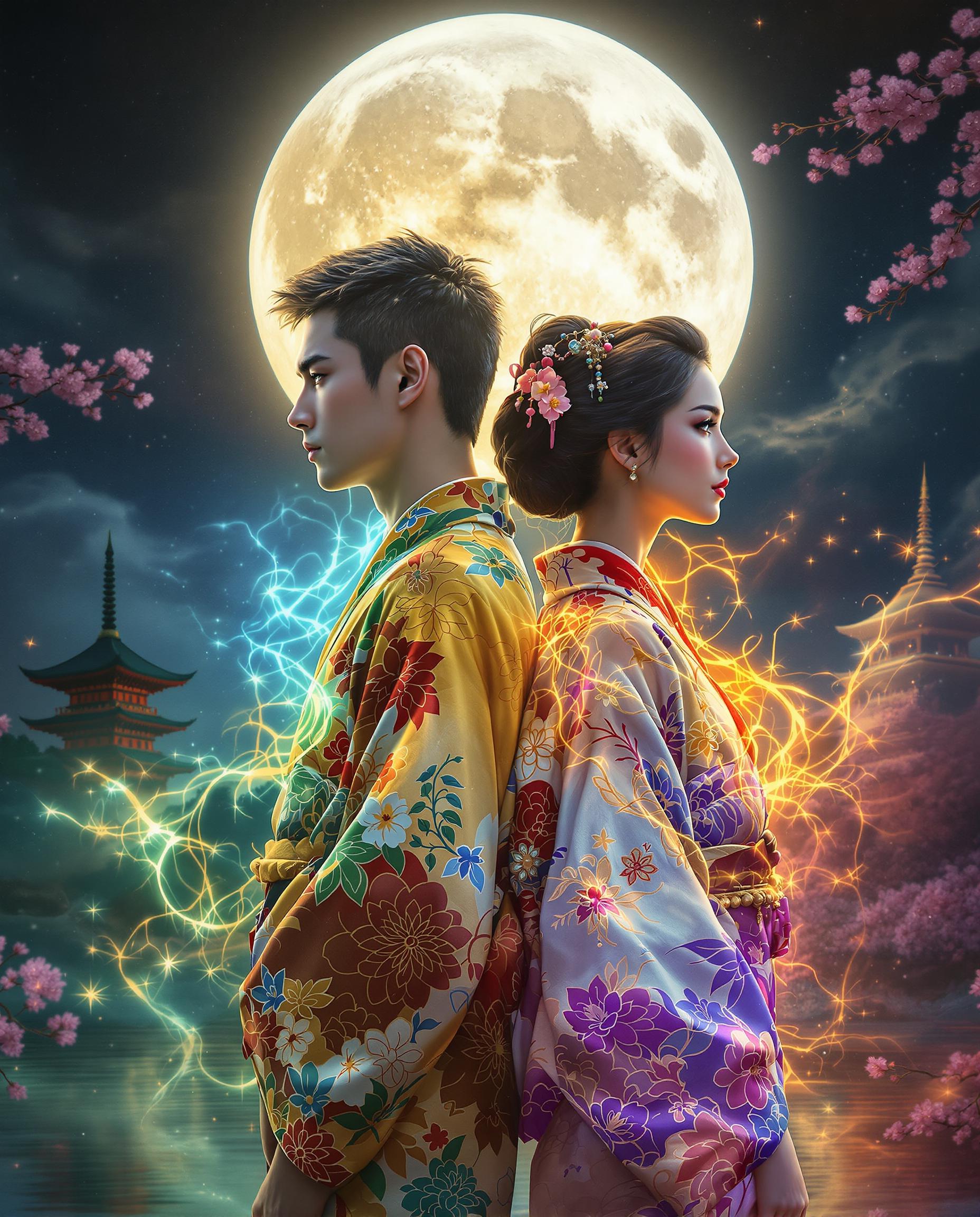 A stunning photorealistic digital painting captures two figures standing back-to-back, each embodying a distinct elemental force under the glow of a detailed full moon. The male and female, dressed in intricate traditional Japanese kimonos with floral patterns, exude fiery reds, oranges, and yellows on the left, and cool icy blues, greens, and purples on the right, creating striking contrast. A subtle pagoda silhouette and cherry blossoms frame the mystical scene, enhanced by cinematic lighting and 8K detail.