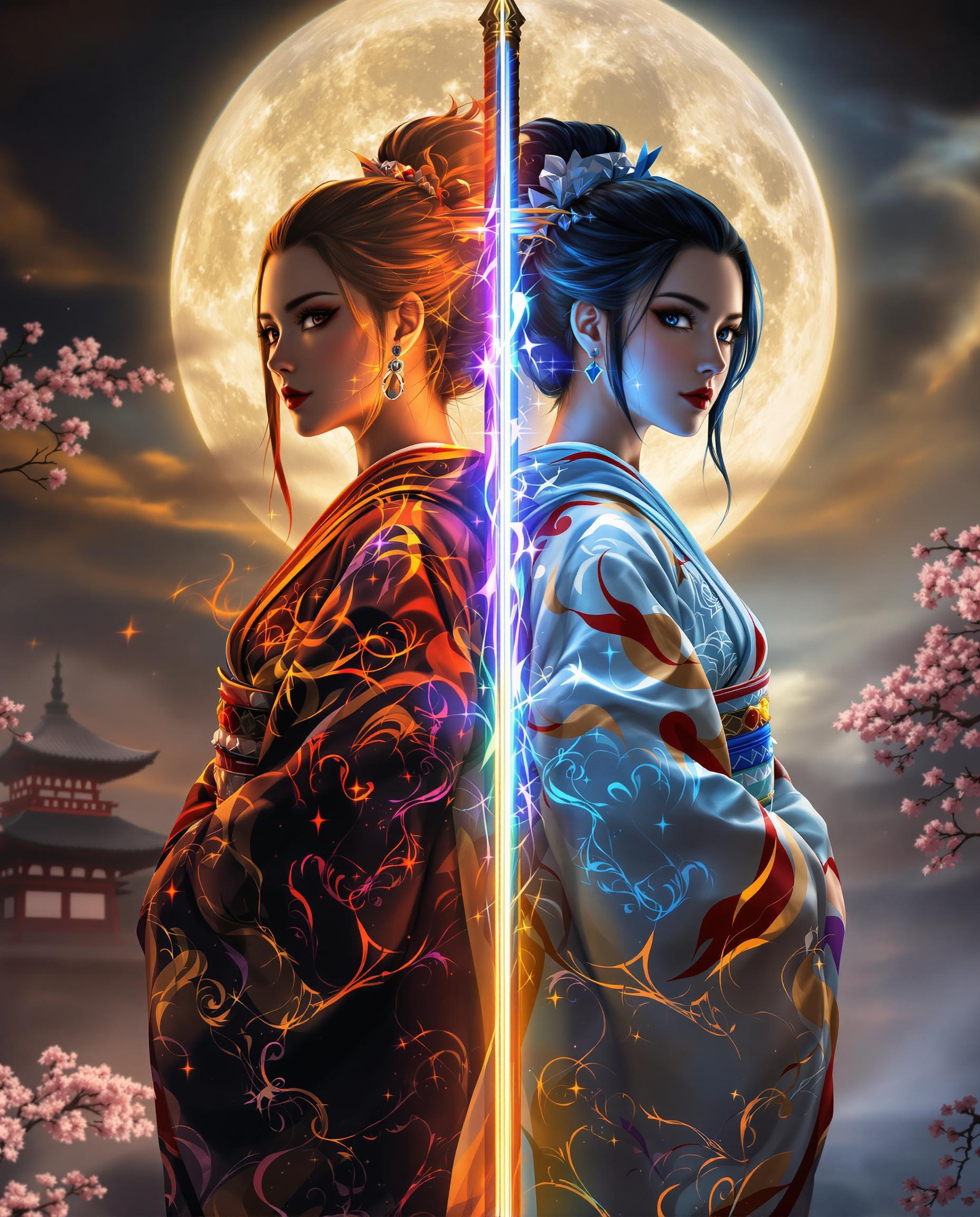 A stunning digital painting captures two female figures standing back-to-back, each embodying a distinct elemental force, dressed in intricate traditional Japanese kimonos with realistic details and expressive eyes. The left figure radiates a fiery aura in vibrant reds and oranges, while the right exudes a cool, icy presence in shimmering blues, their contrast heightened by a glowing sword bisecting the scene with dual-colored light, set against a detailed full moon casting soft golden glow over a misty Japanese pagoda and stylized cherry blossoms in the background. The composition blends traditional Japanese aesthetics with fantasy, enriched by dynamic colors, smooth blending, and a cinematic depth that enhances the interplay of opposing forces.