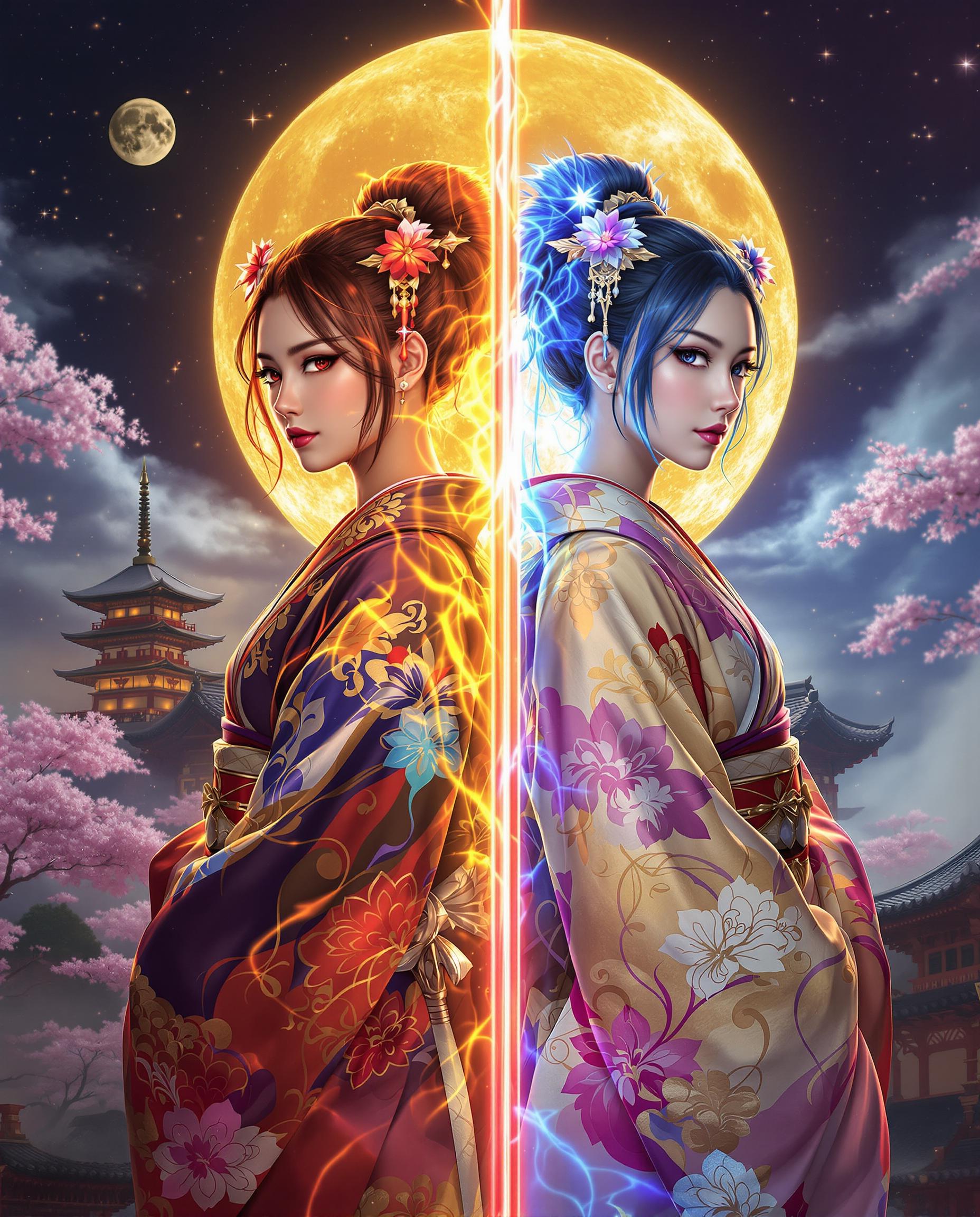 A stunning digital painting captures two female figures standing back-to-back, each embodying a distinct elemental force, dressed in intricate traditional Japanese kimonos with realistic details and expressive eyes. The left figure radiates a fiery aura in vibrant reds and oranges, while the right exudes a cool, icy presence in shimmering blues, their contrast heightened by a glowing sword bisecting the scene with dual-colored light, set against a detailed full moon casting soft golden glow over a misty Japanese pagoda and stylized cherry blossoms in the background. The composition blends traditional Japanese aesthetics with fantasy, enriched by dynamic colors, smooth blending, and a cinematic depth that enhances the interplay of opposing forces.