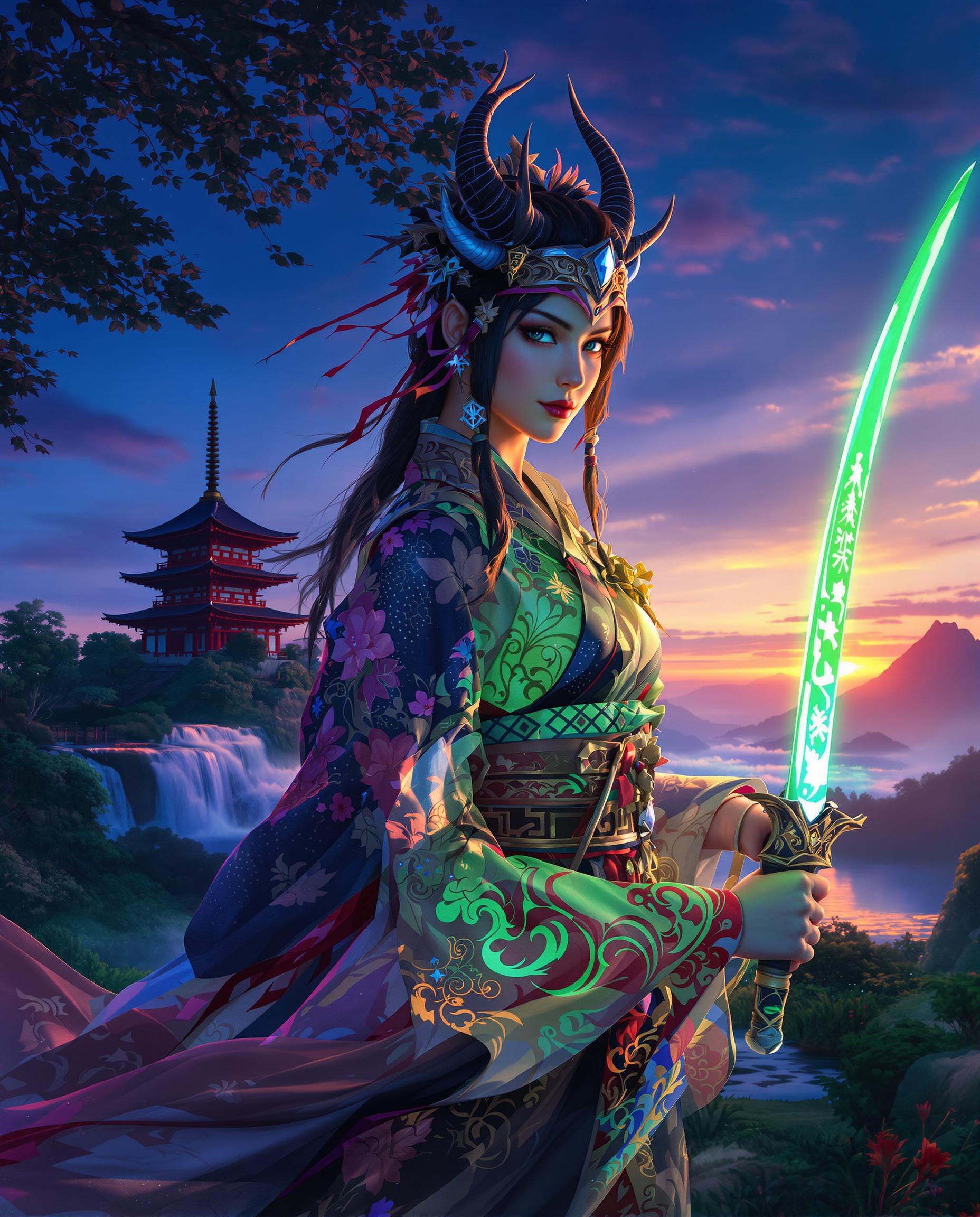 A stunning digital painting of a female warrior, blending fantasy and traditional Japanese aesthetics, captured with photorealistic detail and a dramatic interplay of light and shadow. She wears a intricately detailed kimono with floral patterns, illuminated by cinematic lighting, and a horned headpiece, holding a glowing green sword with ornate symbols, poised for battle against a lush landscape. The background features a silhouetted pagoda on a hill, a gradient sky of deep blue to warm orange at sunrise or sunset, and a reflective water surface, all rendered in vibrant blues, purples, and greens with a mystical, three-dimensional quality.