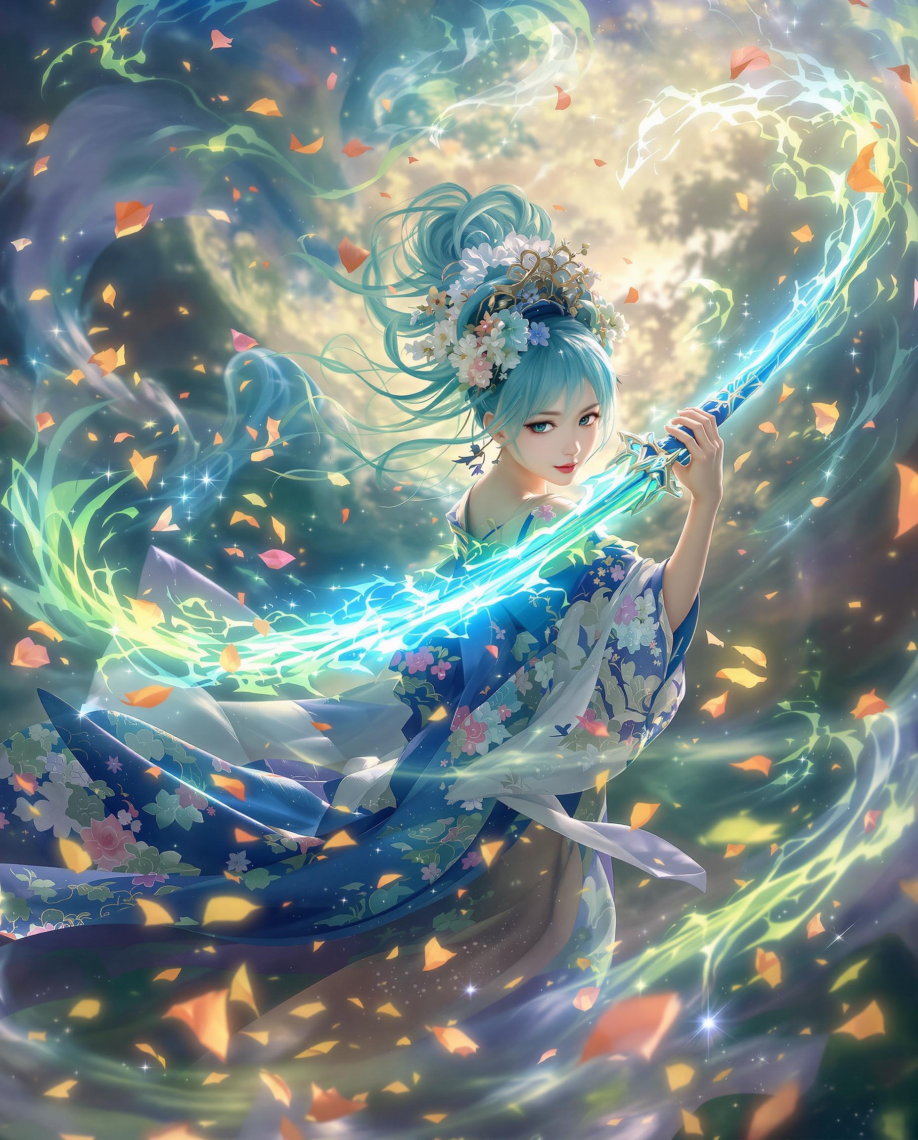 A breathtaking, high-resolution photograph of a female figure captured in a dynamic, ethereal pose, blending photorealistic portraiture with a fantasy twist. She wears a traditional Japanese kimono in deep blue, adorned with vibrant green and light blue floral patterns, her teal and aqua hair cascading with delicate flowers, while wielding a glowing, translucent blue-green sword emitting magical energy with ornate craftsmanship, all rendered in stunning 8K detail with a 50mm lens and cinematic lighting. The mystical background swirls with cool blues, greens, and purples, contrasted by warm oranges and yellows, featuring floating, glowing petals and leaves, creating a serene atmosphere under soft, golden-hour light.