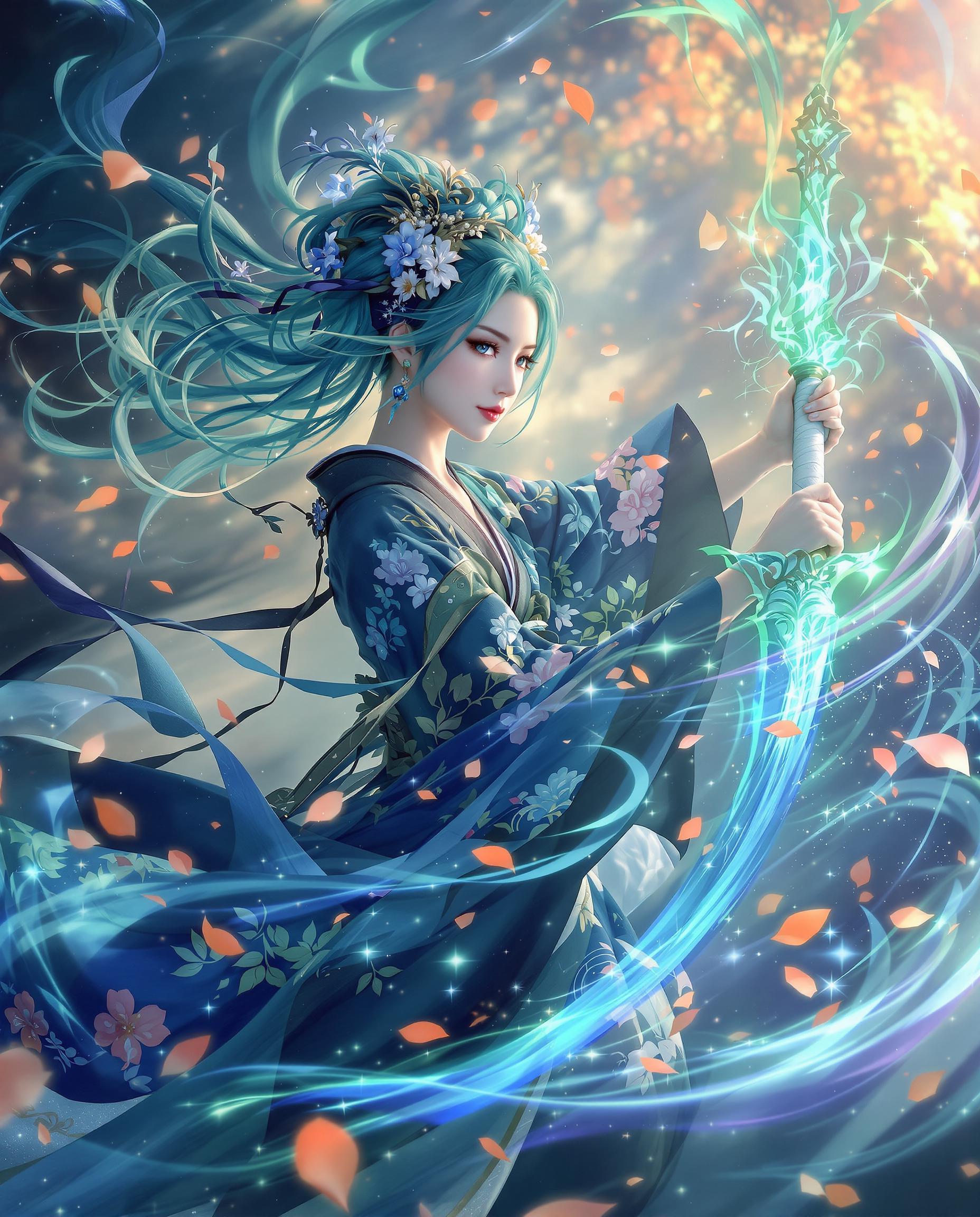 A breathtaking, high-resolution photograph of a female figure captured in a dynamic, ethereal pose, blending photorealistic portraiture with a fantasy twist. She wears a traditional Japanese kimono in deep blue, adorned with vibrant green and light blue floral patterns, her teal and aqua hair cascading with delicate flowers, while wielding a glowing, translucent blue-green sword emitting magical energy with ornate craftsmanship, all rendered in stunning 8K detail with a 50mm lens and cinematic lighting. The mystical background swirls with cool blues, greens, and purples, contrasted by warm oranges and yellows, featuring floating, glowing petals and leaves, creating a serene atmosphere under soft, golden-hour light.