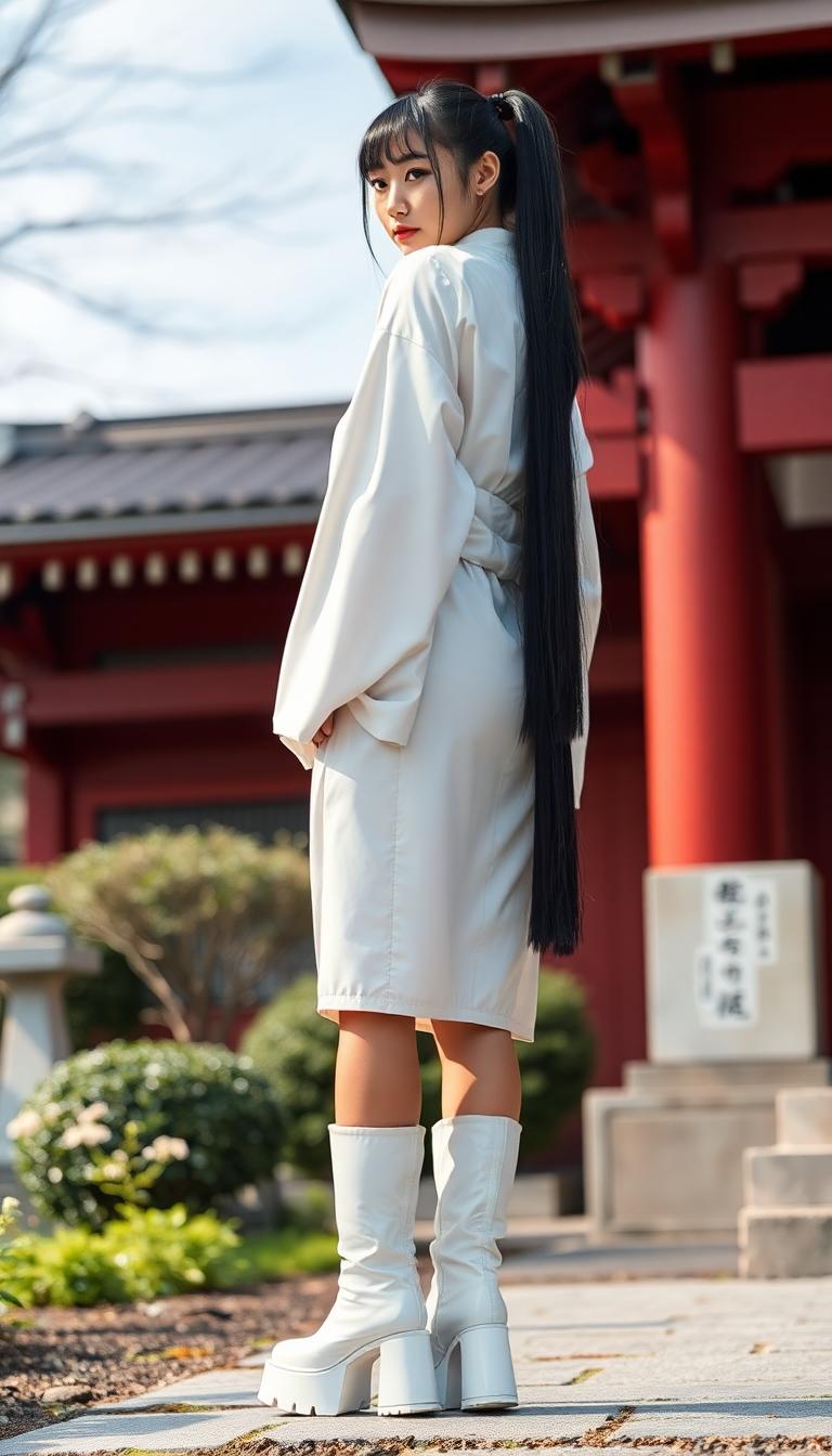 Mid 20s, Japanese woman, ebony black hair long and straight with bangs that hangs in a high pony tail to her waist. Dressed in a shiny white latex yukata. Shiny white latex Platform 6 inch ankle length boots. Standing in the garden of a shinto shrine