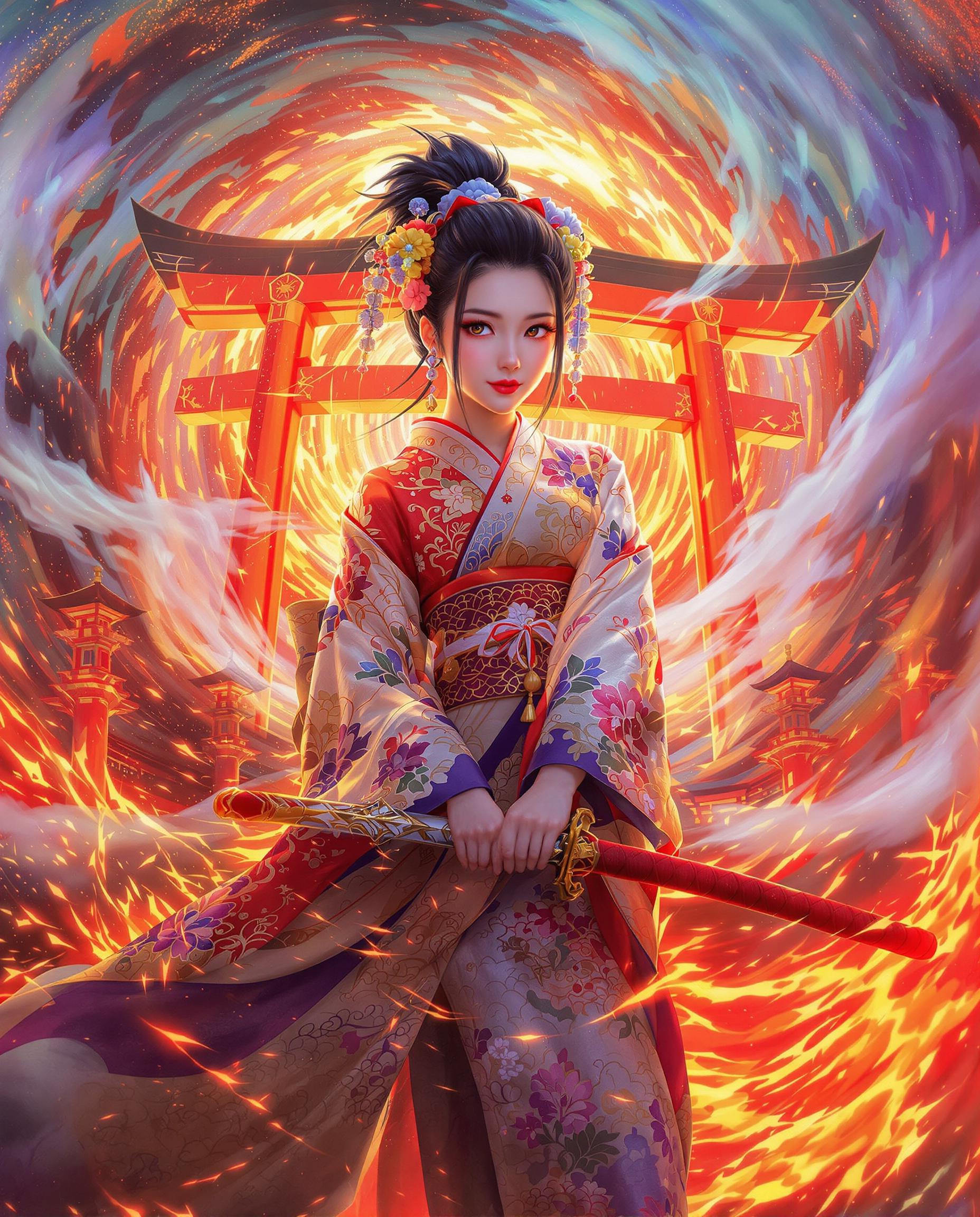 A stunning close-up digital painting of a female figure in a dynamic, otherworldly setting, showcasing photorealistic detail with intricate line work, soft shading, and vibrant colors that create depth and movement. She wears a traditional Japanese kimono with detailed floral patterns, holding an intricately designed sword that echoes the kimono's motif, set against a swirling vortex of fire and smoke, with traditional pagodas and torii gates in the background. The scene is illuminated with dramatic lighting, blending fiery reds and oranges with cool blues and purples, evoking mystery, power, and cultural elegance.