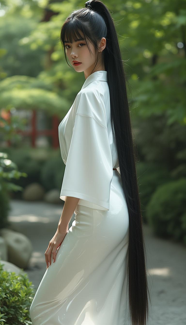 A striking mid-20s Japanese woman with long, ebony black hair styled in a high ponytail reaching her waist, complemented by straight bangs, stands gracefully in the serene garden of a Shinto shrine. She wears a glossy white latex skintight yukata that reflects the soft natural lighting, paired with matching shiny white latex platform boots, 6 inches high, extending to her ankles. Captured in photorealistic detail with a DSLR camera, 50 mm lens, shallow depth of field, vibrant greenery, and intricate 8K resolution, the scene exudes tranquility and elegance.