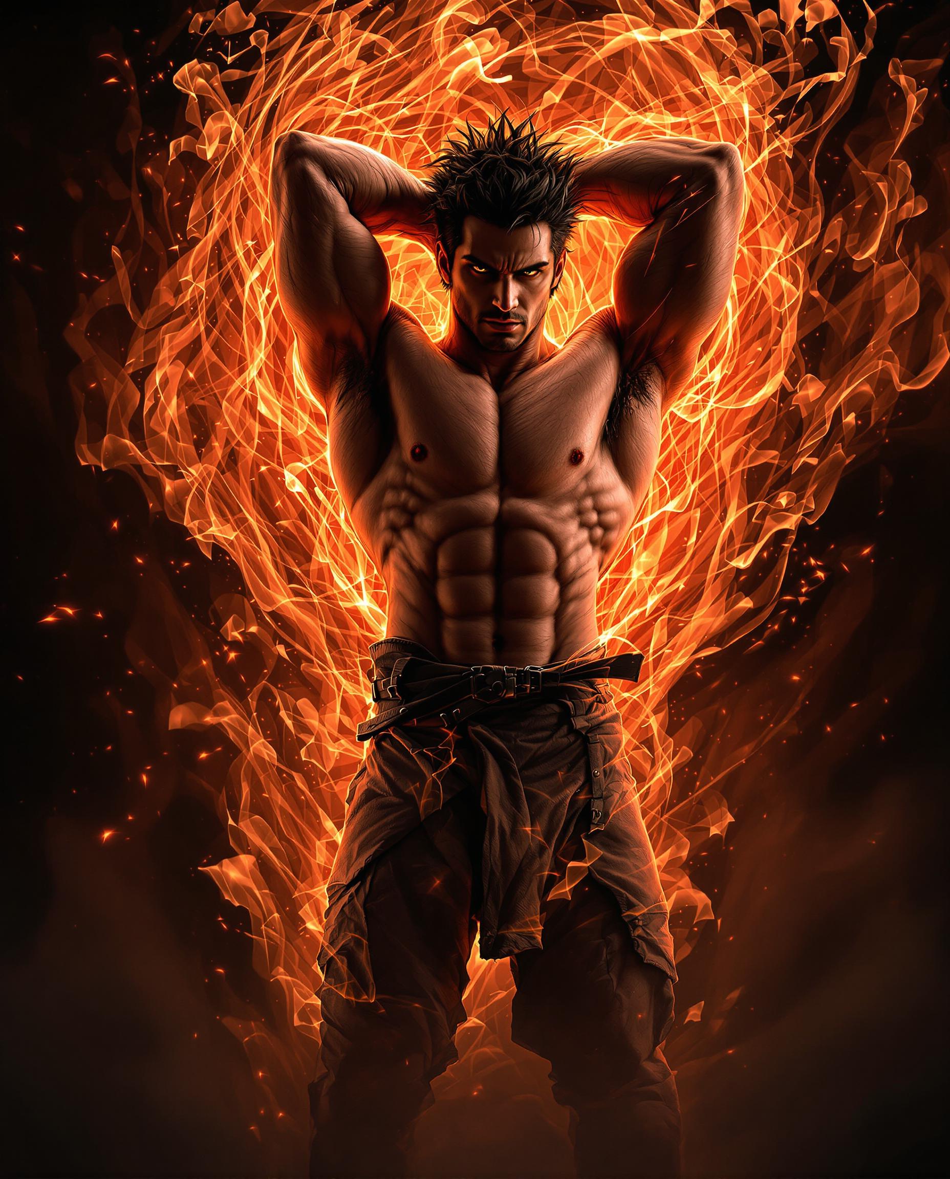 A hyper-realistic photograph of a muscular male figure with spiky hair, captured in a dynamic pose with one arm raised behind his head, one leg slightly bent, and the other extended backward. The image, taken with a DSLR using a 50 mm lens, features cinematic lighting with dramatic shading that enhances the three-dimensional depth, highlighting detailed skin textures, prominent veins, and muscle definition in an 8K resolution. Surrounded by a glowing aura of swirling orange and red flames with black and white accents, the figure exudes intense power and energy against a minimalist background, focusing solely on his commanding presence.
