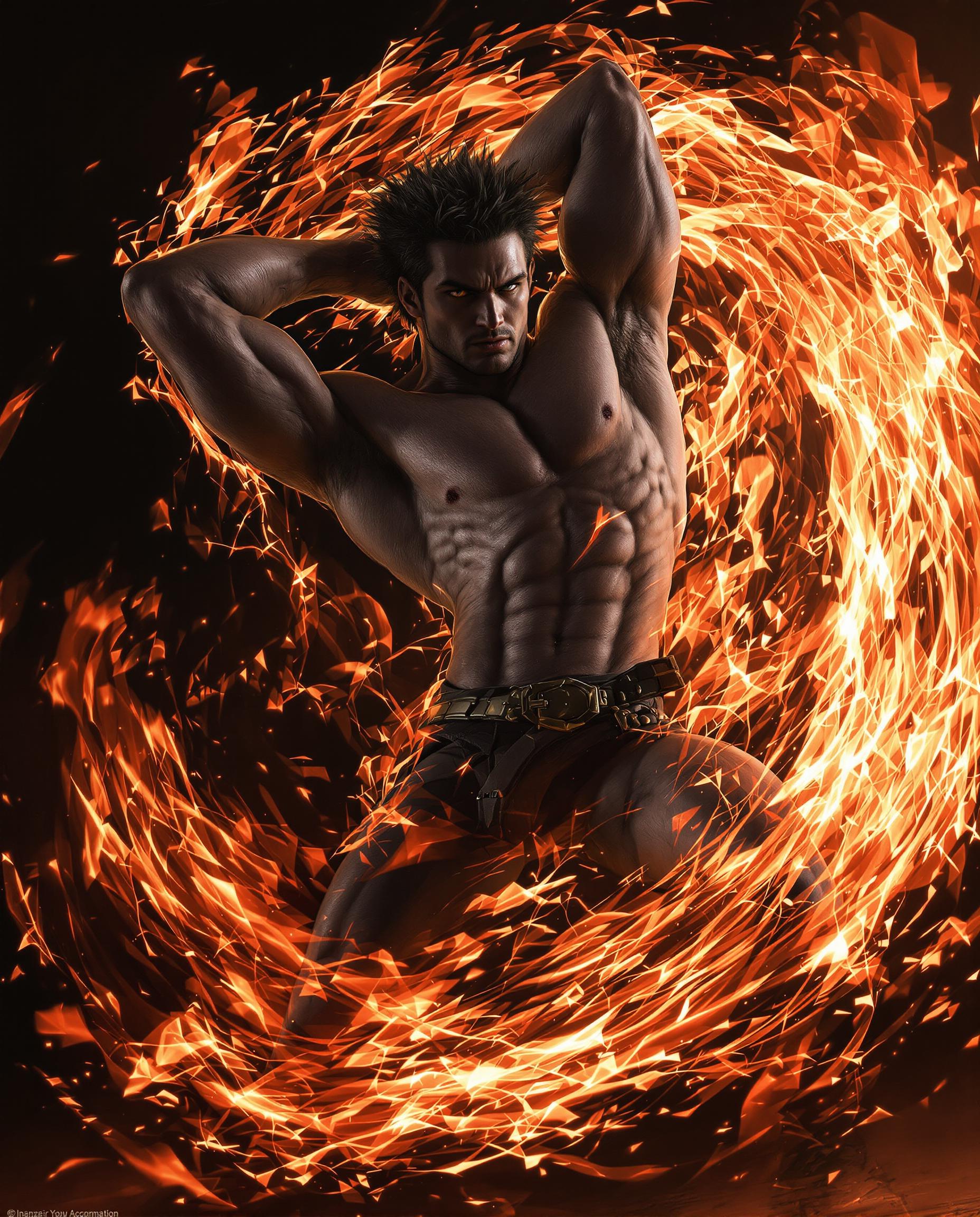 A hyper-realistic photograph of a muscular male figure with spiky hair, captured in a dynamic pose with one arm raised behind his head, one leg slightly bent, and the other extended backward. The image, taken with a DSLR using a 50 mm lens, features cinematic lighting with dramatic shading that enhances the three-dimensional depth, highlighting detailed skin textures, prominent veins, and muscle definition in an 8K resolution. Surrounded by a glowing aura of swirling orange and red flames with black and white accents, the figure exudes intense power and energy against a minimalist background, focusing solely on his commanding presence.