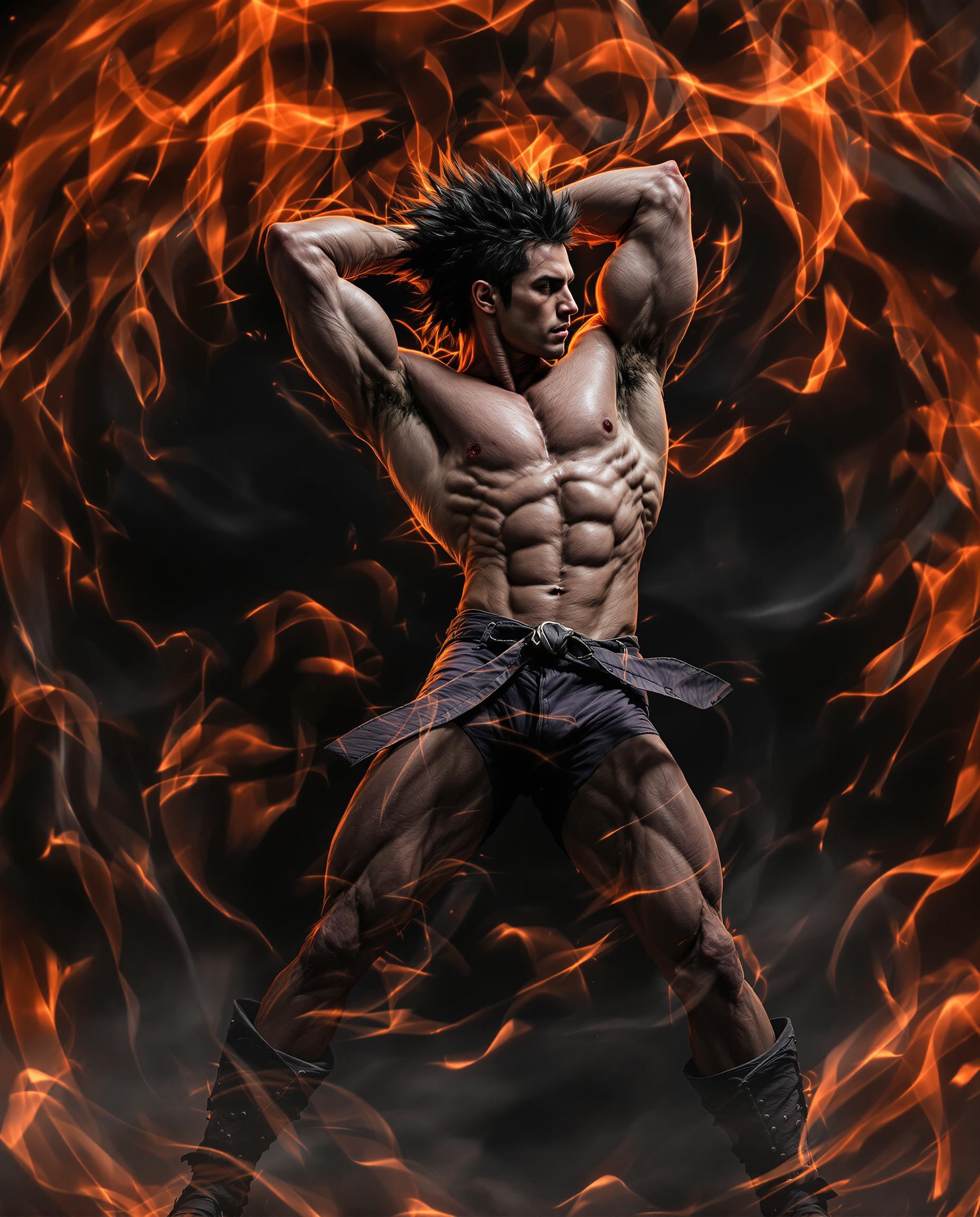 A hyper-realistic photograph of a muscular male figure with spiky hair, captured in a dynamic pose with one arm raised behind his head, one leg slightly bent, and the other extended backward. The image, taken with a DSLR using a 50 mm lens, features cinematic lighting with dramatic shading that enhances the three-dimensional depth, highlighting detailed skin textures, prominent veins, and muscle definition in an 8K resolution. Surrounded by a glowing aura of swirling orange and red flames with black and white accents, the figure exudes intense power and energy against a minimalist background, focusing solely on his commanding presence.