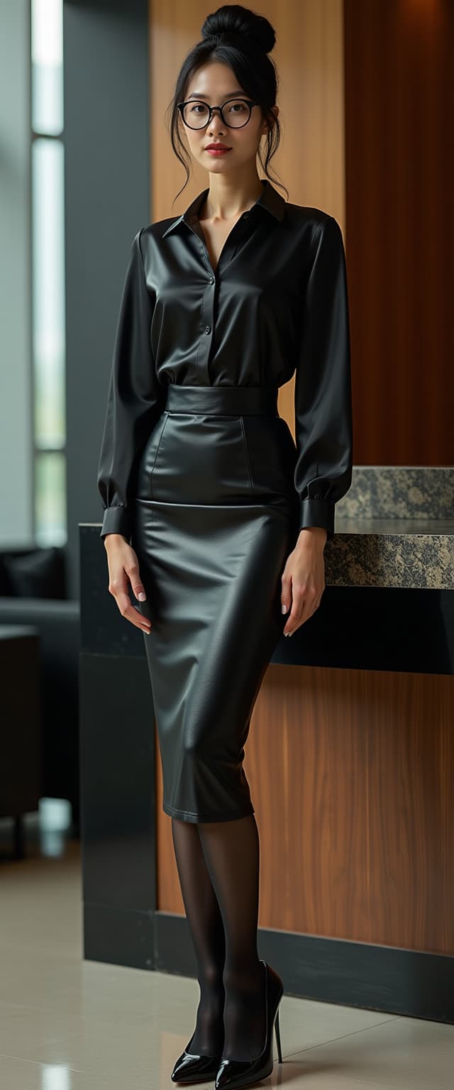 A tall, early 20s Chinese American woman stands confidently at the concierge desk of a sleek, modern hotel. She wears a finely tailored, shiny black silk blouse, an ebony black leather skintight pencil skirt, black stockings, and glossy patent leather high heels, exuding sophistication. Her shiny raven-black hair is styled in an elegant bun with a single curly strand framing each side of her face, complemented by circular black-framed glasses, captured in a photorealistic 8K DSLR shot with cinematic lighting.