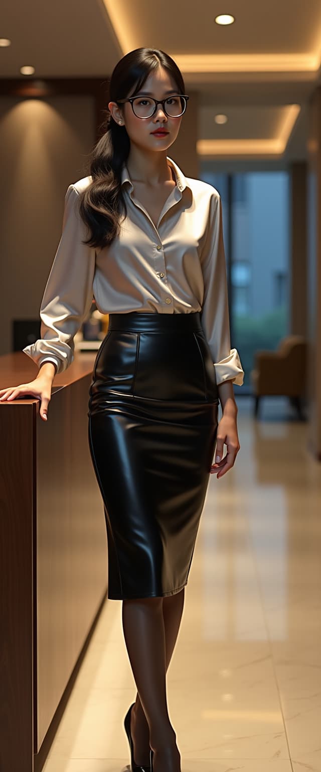 A tall, early 20s Chinese American woman stands confidently at the concierge desk of a sleek, modern hotel. She wears a finely tailored, shiny silver silk blouse, an ebony black leather skintight pencil skirt, black stockings, and glossy patent leather high heels, exuding sophistication. Her shiny raven-black hair is styled in an elegant ponytail with a single curly strand framing each side of her face, complemented by circular black-framed glasses, captured in a photorealistic 8K DSLR shot with cinematic lighting.