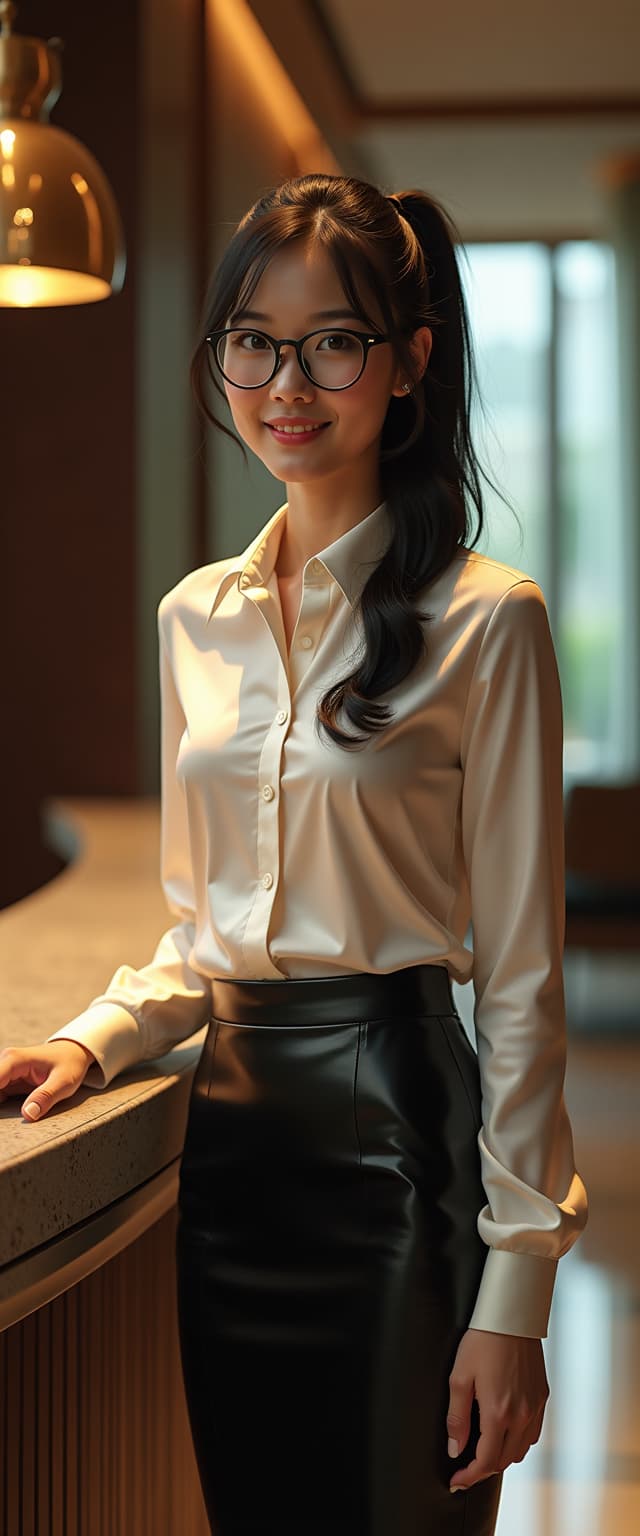 A tall, early 20s Chinese American woman stands confidently at the concierge desk of a sleek, modern hotel, exuding sophistication in a finely tailored, shiny white silk blouse, an ebony black leather skintight pencil skirt, black stockings, and glossy patent leather high heels. Her shiny raven-black hair is styled in an elegant ponytail with a single curly strand framing each side of her face, paired with circular black-framed glasses. Captured in a photorealistic 8K DSLR shot with cinematic lighting, soft bokeh background, and a 50mm lens, the scene glows with warm ambient light.