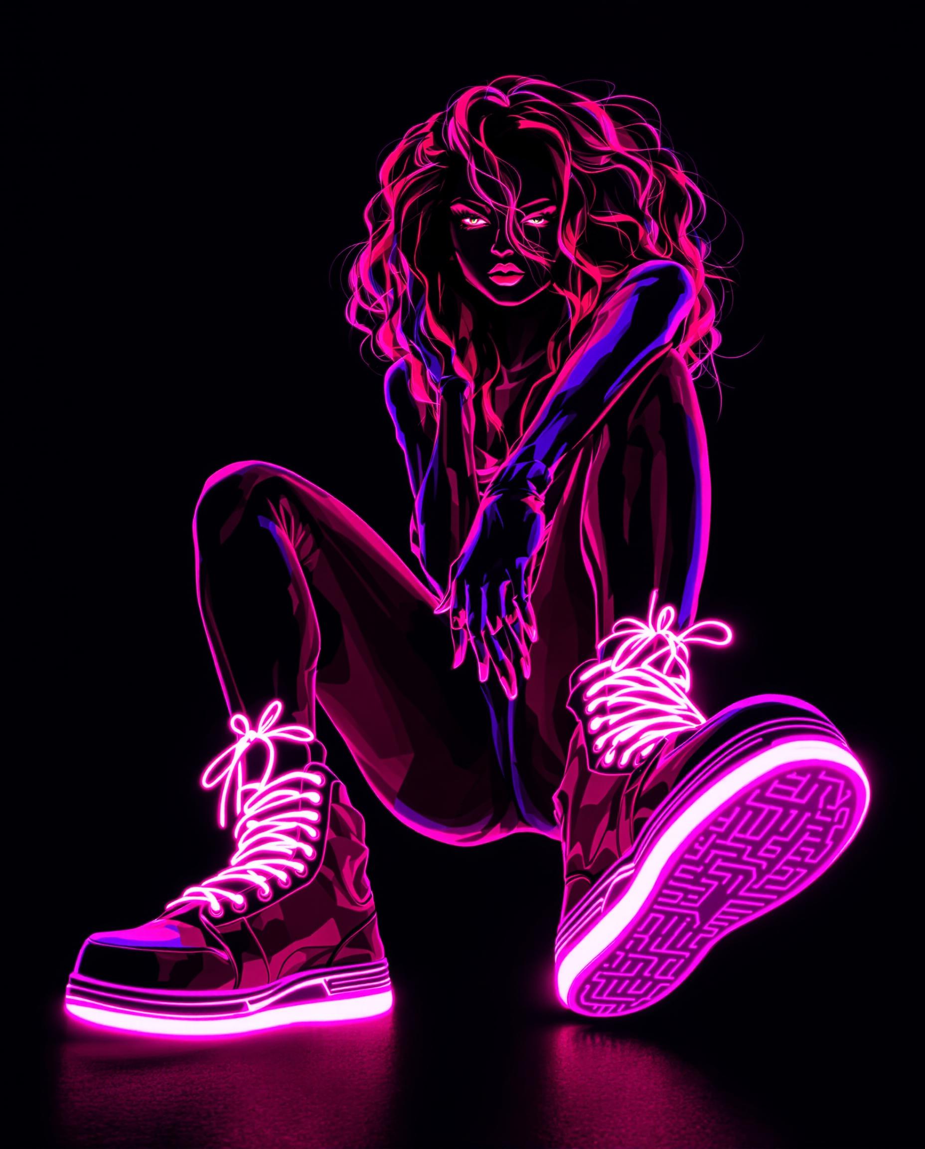 A stunning digital illustration of a realistic female figure, captured in a dynamic pose that radiates vibrant energy, set against a deep, dark background to emphasize the striking neon palette of pinks, reds, and purples. The artwork features bold outlines, dramatic shading, and smooth color blending, with glowing neon pink laces and soles on the figure’s sneakers adding a futuristic edge, while her hands, delicately posed with elongated fingers, convey a contemplative grace. Enhanced with cinematic lighting and 8K detail, the composition exudes movement and depth through sharp contrasts and a fluorescent, edgy aesthetic.