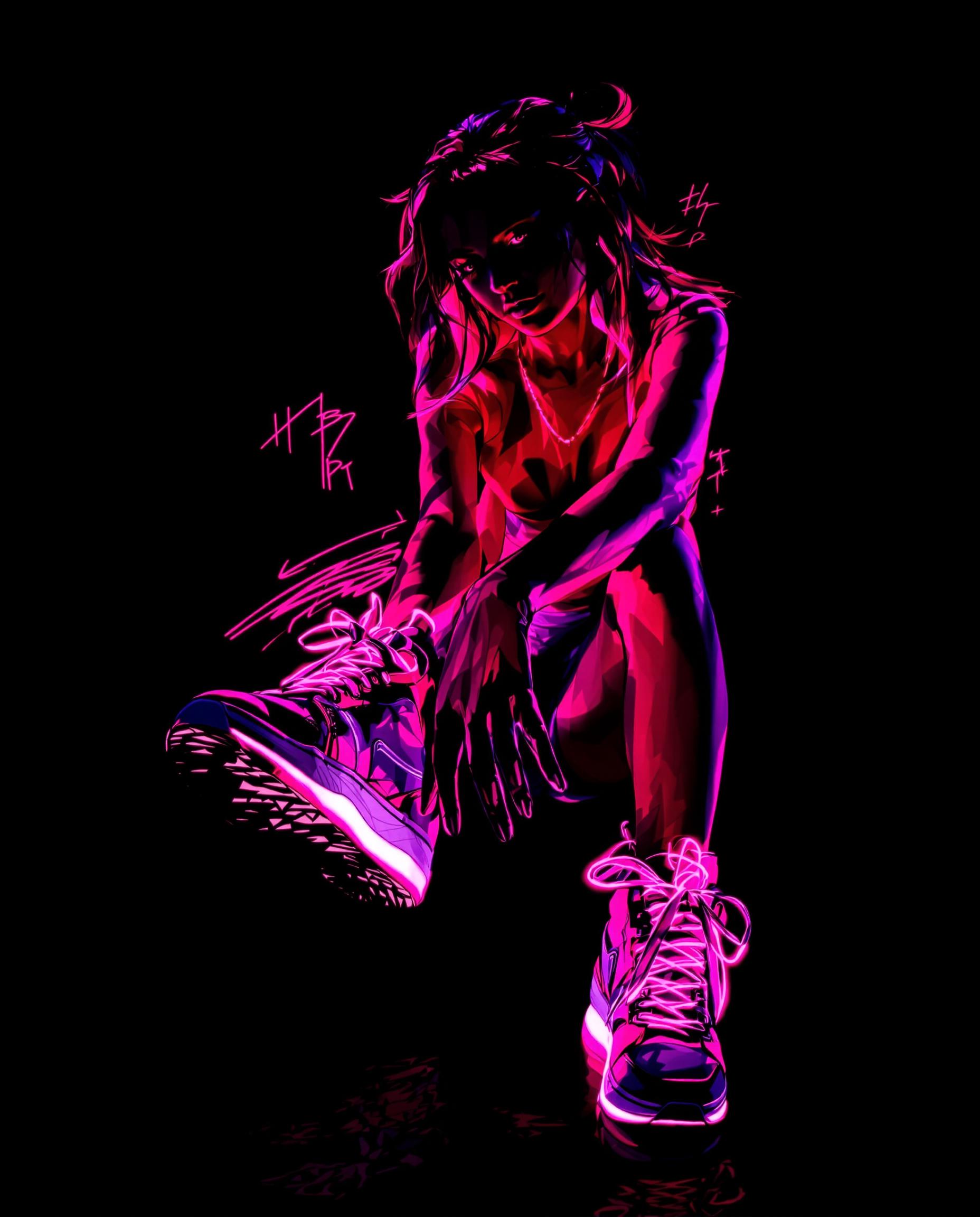 A stunning digital illustration of a realistic female figure, captured in a dynamic pose that radiates vibrant energy, set against a deep, dark background to emphasize the striking neon palette of pinks, reds, and purples. The artwork features bold outlines, dramatic shading, and smooth color blending, with glowing neon pink laces and soles on the figure’s sneakers adding a futuristic edge, while her hands, delicately posed with elongated fingers, convey a contemplative grace. Enhanced with cinematic lighting and 8K detail, the composition exudes movement and depth through sharp contrasts and a fluorescent, edgy aesthetic.