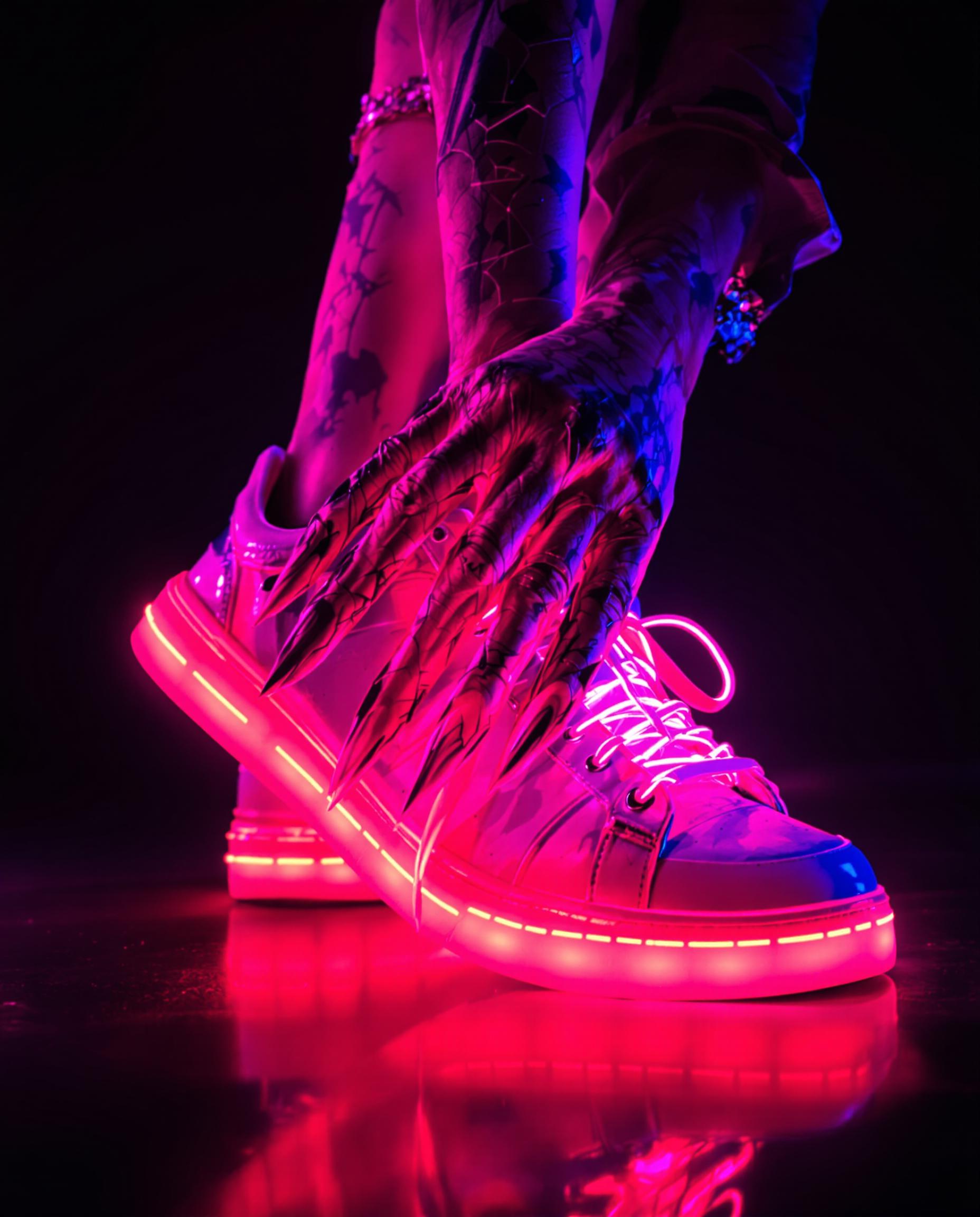 A stunning real photograph of a realistic female figure, captured in a dynamic pose that radiates vibrant energy, set against a deep, dark background to emphasize the striking neon palette of pinks, reds, and purples. The artwork features bold outlines, dramatic shading, and smooth color blending, with glowing neon pink laces and soles on the figure’s sneakers adding a futuristic edge, while her hands, delicately posed with elongated fingers, convey a contemplative grace. Enhanced with cinematic lighting and 8K detail, the composition exudes movement and depth through sharp contrasts and a fluorescent, edgy aesthetic.