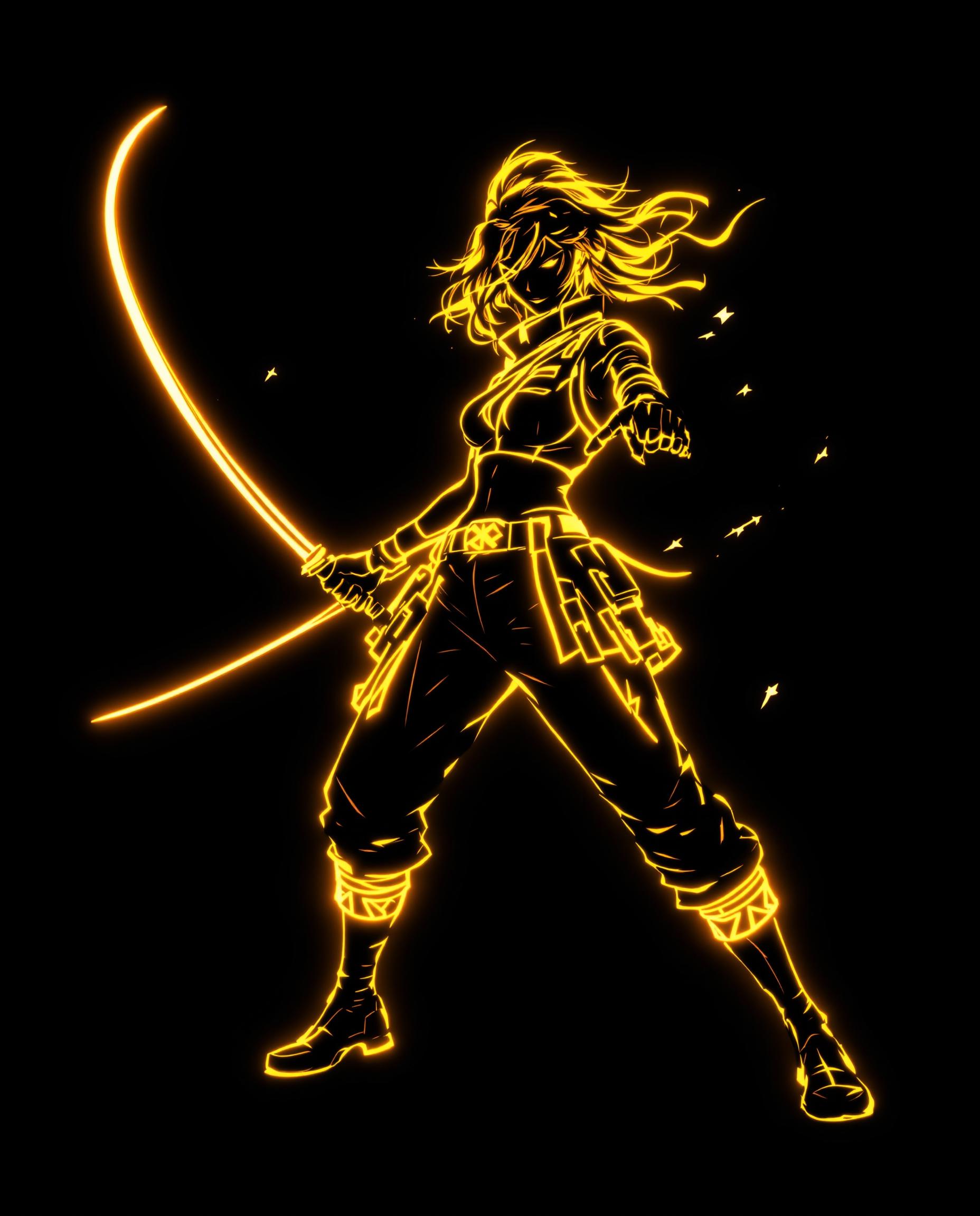 A striking digital illustration of a fierce female warrior in a dynamic combat pose, captured in a neon art style with glowing, bright yellow outlines that create a vivid three-dimensional effect against a deep black background. Her windswept, messy hair and black outfit—complete with a high collar, utility belt, and glowing yellow-accented pants and boots—emphasize her powerful stance, wielding a sword or whip with intense determination. The cinematic lighting and vibrant shades of yellow, orange, and white evoke energy, danger, and fiery strength in stunning 8K detail.