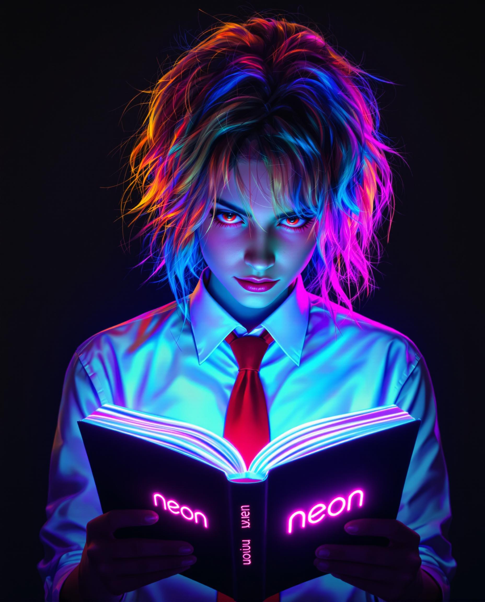 A stunning digital painting of a female character deeply engrossed in reading an open book, wearing a crisp white shirt and a bold red tie, set against a dark, moody background. The book’s black cover features a neon pink logo reading "neon," with pages glowing in a vibrant spectrum of blues, purples, pinks, and yellows, casting a surreal light. Her tousled hair transitions from warm orange to cool blue with purple and pink streaks, illuminated from behind, while her fiery red, focused eyes glow with intensity, rendered in high detail with smooth gradients and dynamic neon lighting effects.