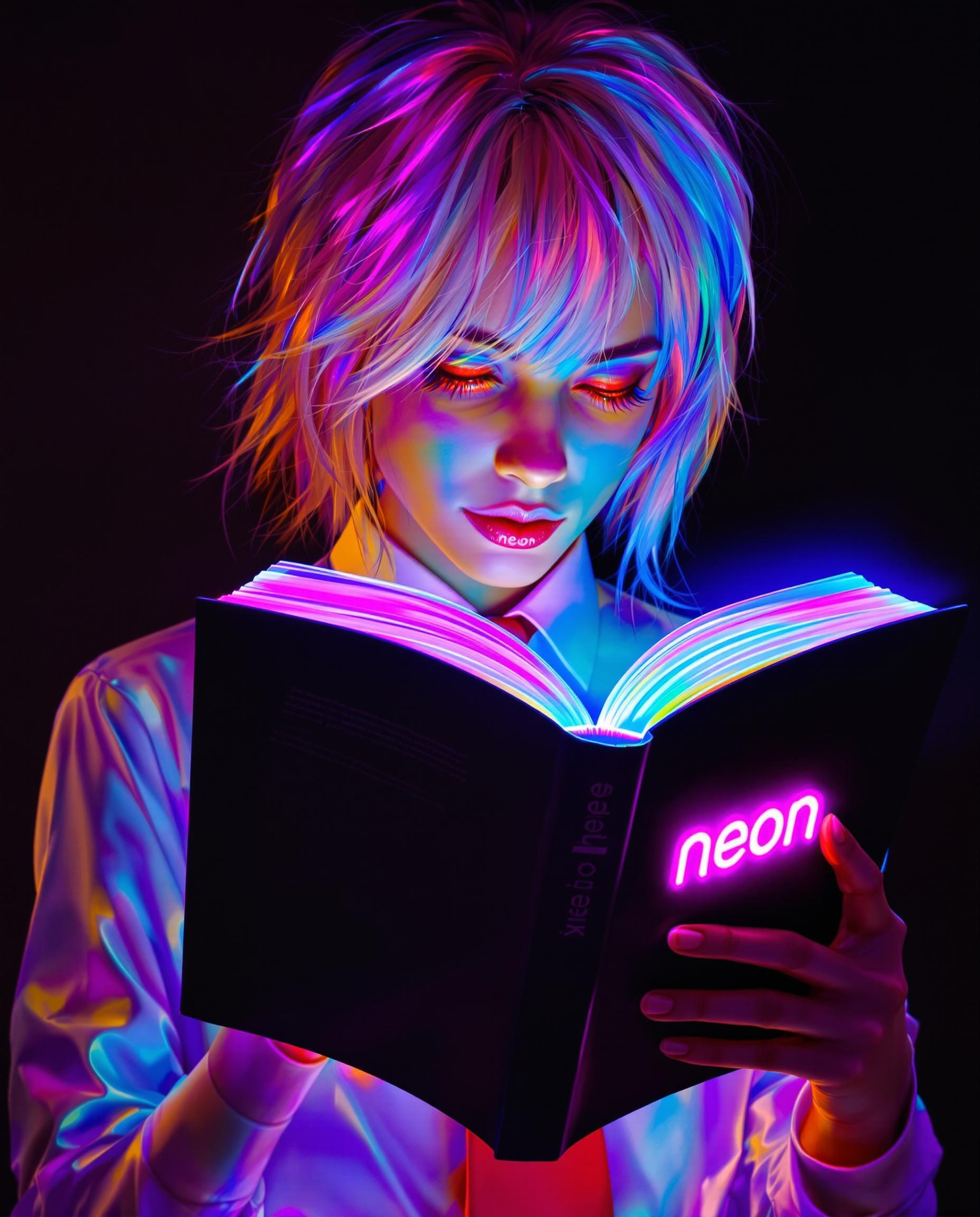 A stunning digital painting of a female character deeply engrossed in reading an open book, wearing a crisp white shirt and a bold red tie, set against a dark, moody background. The book’s black cover features a neon pink logo reading "neon," with pages glowing in a vibrant spectrum of blues, purples, pinks, and yellows, casting a surreal light. Her tousled hair transitions from warm orange to cool blue with purple and pink streaks, illuminated from behind, while her fiery red, focused eyes glow with intensity, rendered in high detail with smooth gradients and dynamic neon lighting effects.