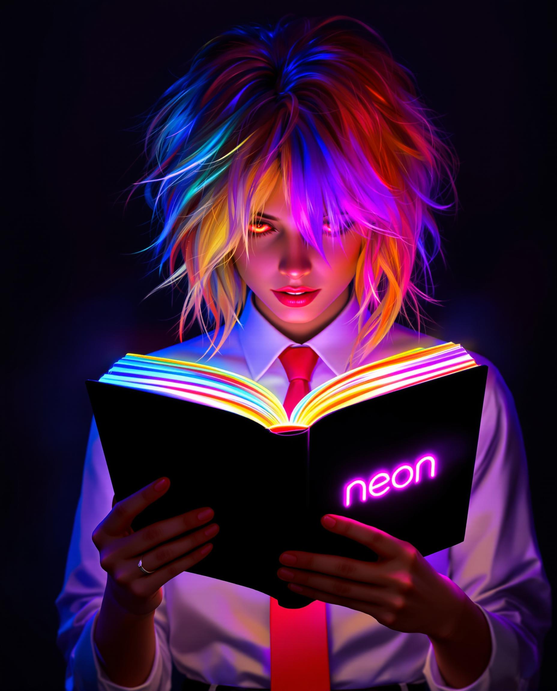 A stunning digital painting of a female character deeply engrossed in reading an open book, wearing a crisp white shirt and a bold red tie, set against a dark, moody background. The book’s black cover features a neon pink logo reading "neon," with pages glowing in a vibrant spectrum of blues, purples, pinks, and yellows, casting a surreal light. Her tousled hair transitions from warm orange to cool blue with purple and pink streaks, illuminated from behind, while her fiery red, focused eyes glow with intensity, rendered in high detail with smooth gradients and dynamic neon lighting effects.