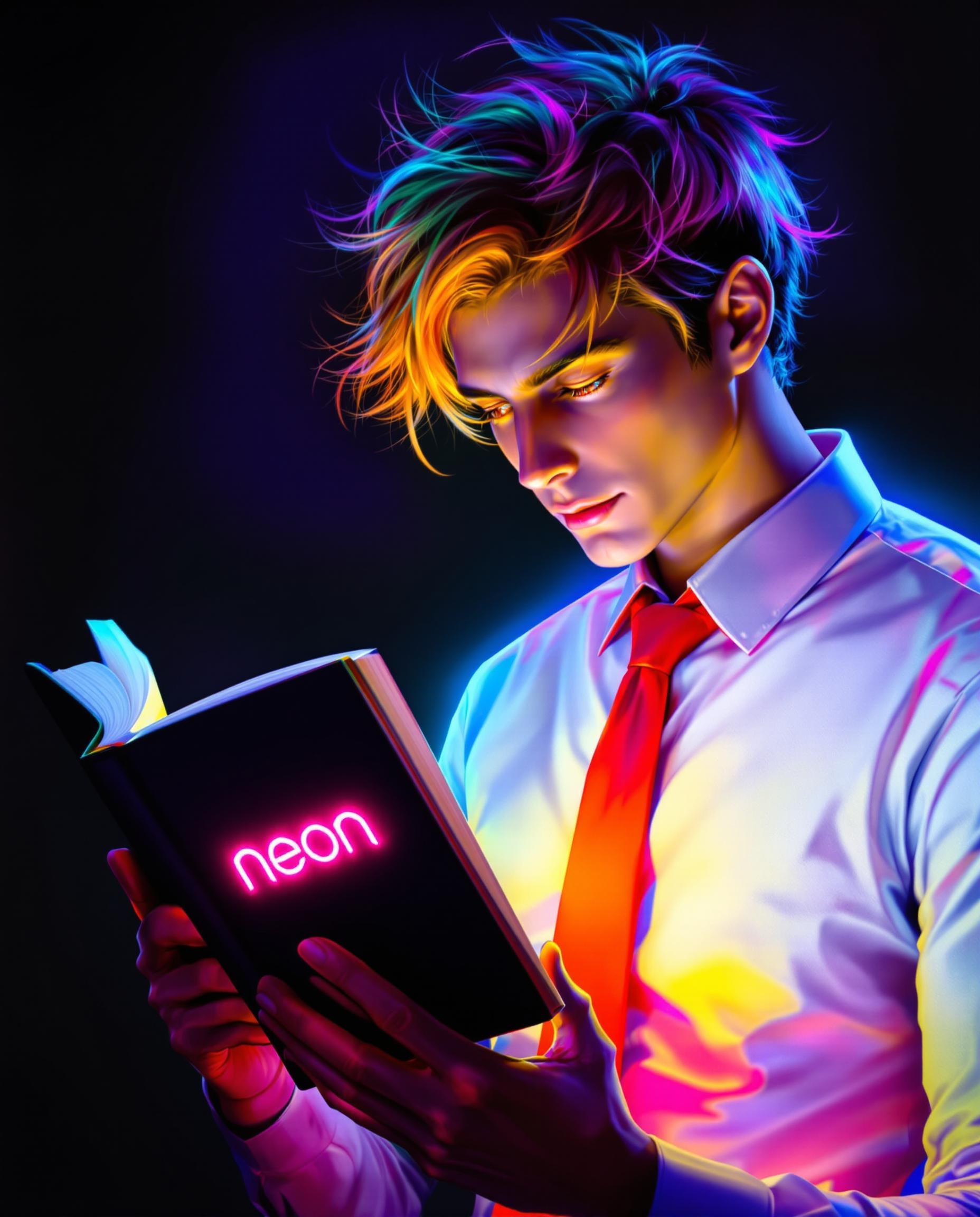 A stunning digital painting of a male character deeply engrossed in reading an open book, wearing a crisp white shirt and a bold red tie, set against a dark, moody background. The book’s black cover features a neon pink logo reading "neon," with pages glowing in a vibrant spectrum of blues, purples, pinks, and yellows, casting a surreal light. His tousled hair transitions from warm orange to cool blue with purple and pink streaks, illuminated from behind, while his fiery red, focused eyes glow with intensity, rendered in high detail with smooth gradients and dynamic neon lighting effects.