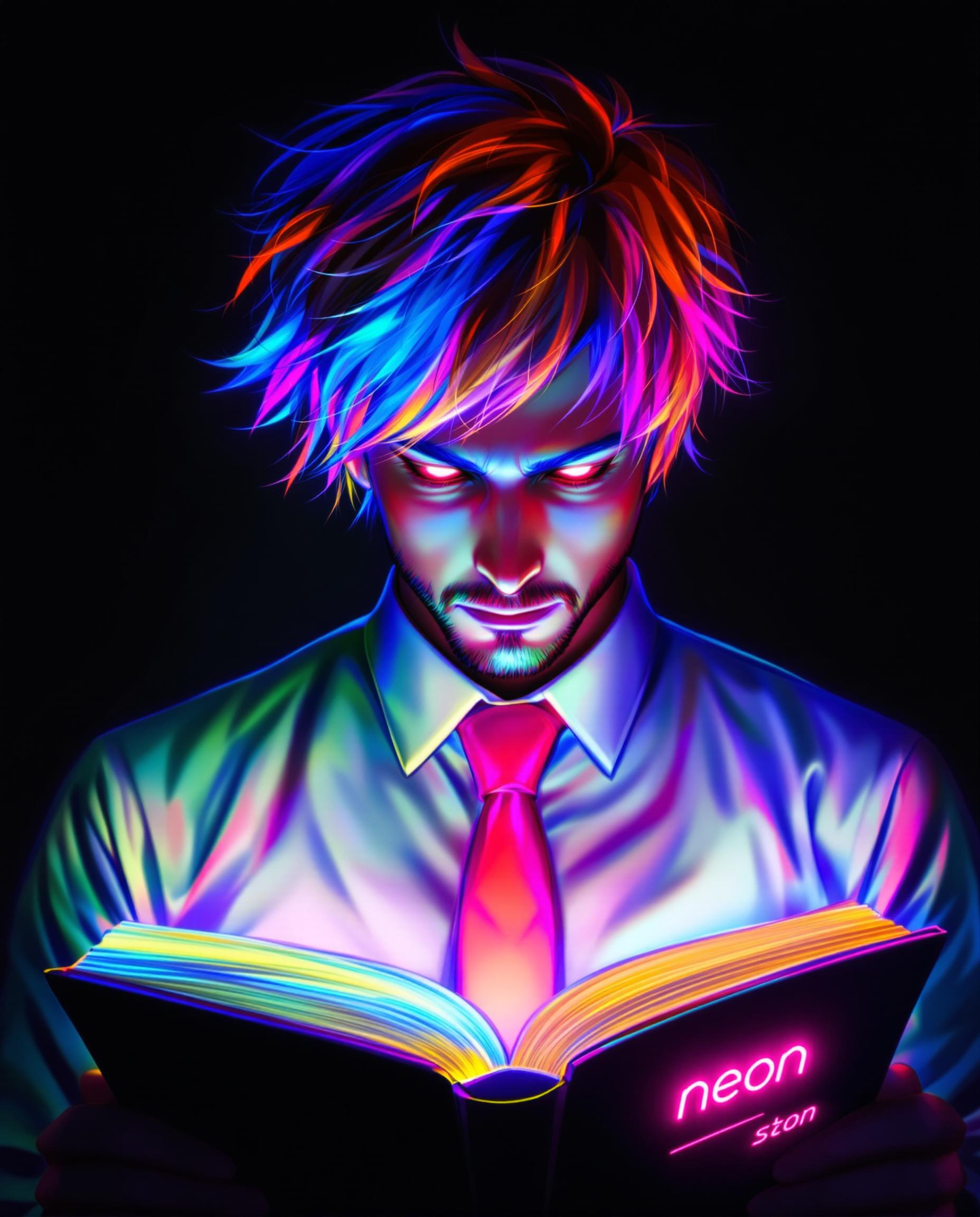 A stunning digital painting of a male character deeply engrossed in reading an open book, wearing a crisp white shirt and a bold red tie, set against a dark, moody background. The book’s black cover features a neon pink logo reading "neon," with pages glowing in a vibrant spectrum of blues, purples, pinks, and yellows, casting a surreal light. His tousled hair transitions from warm orange to cool blue with purple and pink streaks, illuminated from behind, while his fiery red, focused eyes glow with intensity, rendered in high detail with smooth gradients and dynamic neon lighting effects.