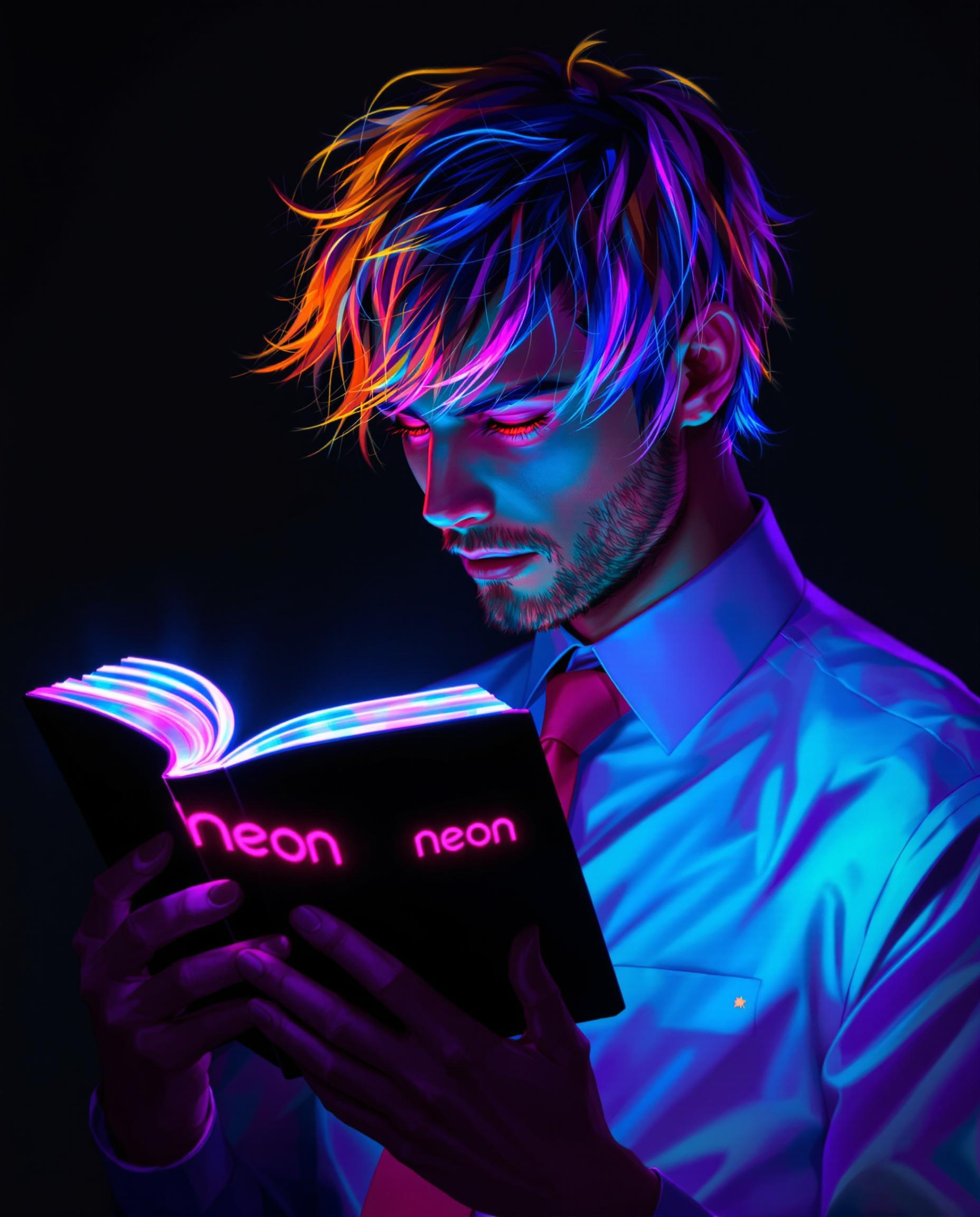 A stunning digital painting of a male character deeply engrossed in reading an open book, wearing a crisp white shirt and a bold red tie, set against a dark, moody background. The book’s black cover features a neon pink logo reading "neon," with pages glowing in a vibrant spectrum of blues, purples, pinks, and yellows, casting a surreal light. His tousled hair transitions from warm orange to cool blue with purple and pink streaks, illuminated from behind, while his fiery red, focused eyes glow with intensity, rendered in high detail with smooth gradients and dynamic neon lighting effects.