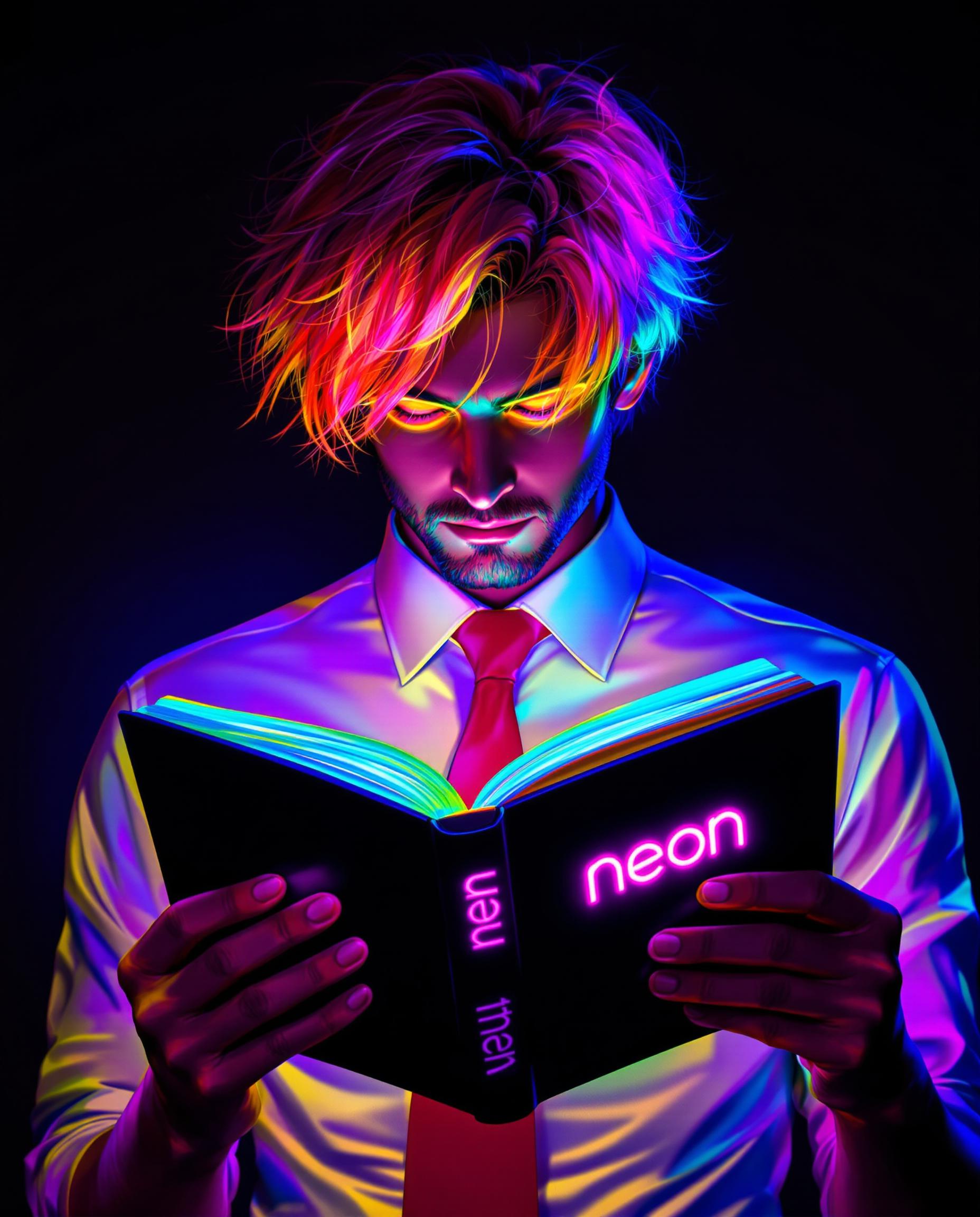 A stunning digital painting of a male character deeply engrossed in reading an open book, wearing a crisp white shirt and a bold red tie, set against a dark, moody background. The book’s black cover features a neon pink logo reading "neon," with pages glowing in a vibrant spectrum of blues, purples, pinks, and yellows, casting a surreal light. His tousled hair transitions from warm orange to cool blue with purple and pink streaks, illuminated from behind, while his fiery red, focused eyes glow with intensity, rendered in high detail with smooth gradients and dynamic neon lighting effects.