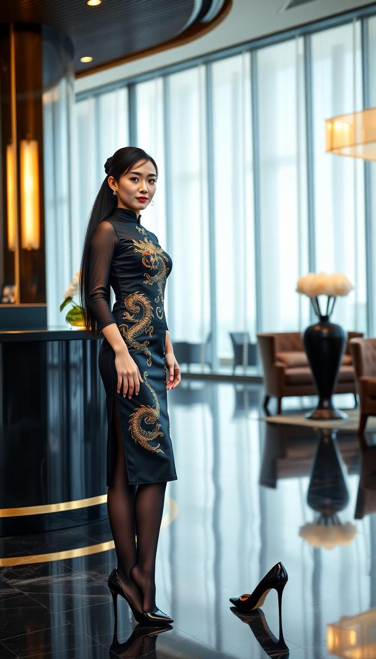 A tall, early 20s Chinese American woman stands confidently at the concierge desk of a sleek, modern hotel, radiating sophistication in an ebony black latex qipao dress adorned with an intricate golden Chinese dragon design, paired with sparkly black stockings and glossy black patent leather 7-inch stiletto heels. Her shiny raven-black hair is styled in a heavy, thick high ponytail cascading down to her knees, catching the soft, cinematic lighting of the elegant lobby in stunning 8K detail.