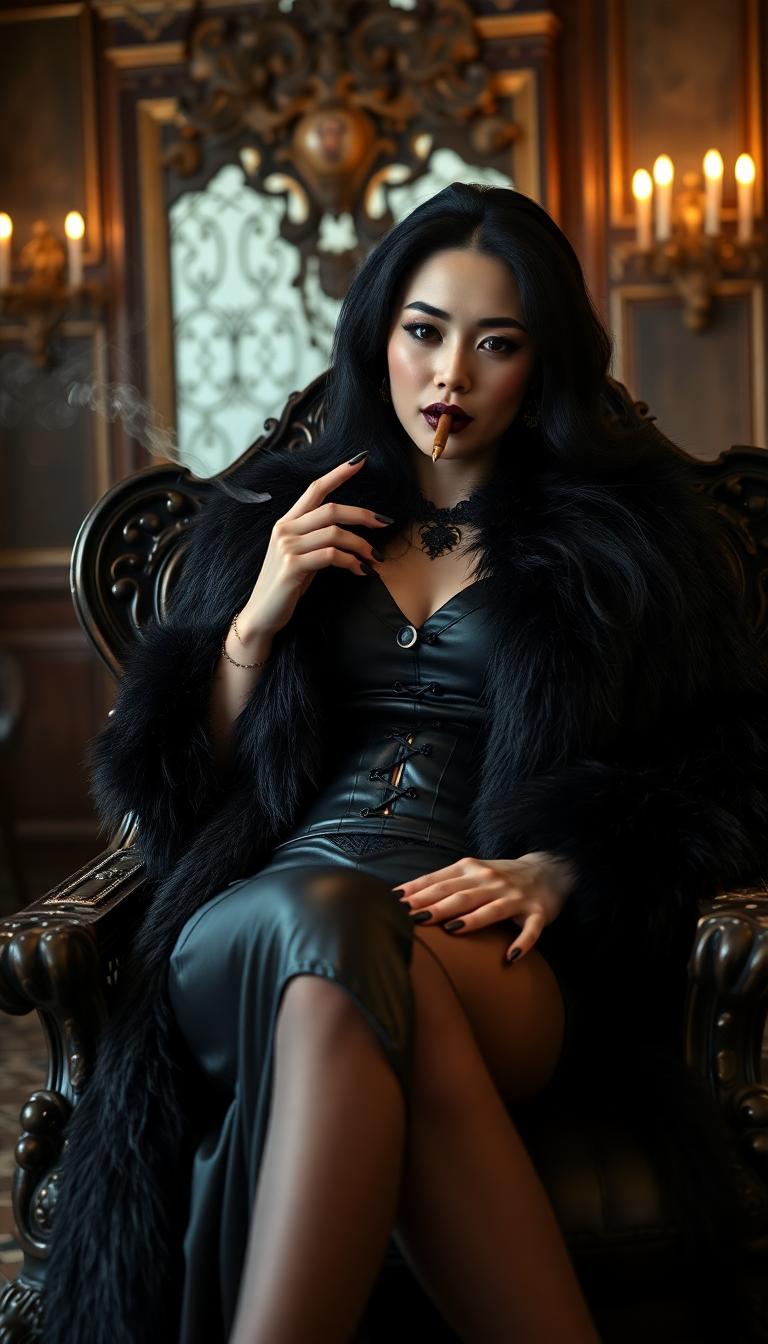 A striking mid-30s asian vampire queen with pale, porcelain skin and thick, voluminous stark black hair cascading down her back reclines on an ornate Victorian-era throne in a dimly lit Victorian parlour, exuding dark elegance. She wears a luxurious black fur coat over a shiny black latex corset and a slit qipao, her heavy gothic makeup, shiny black lips, and nails enhancing her menacing allure as she smokes a slim cigarello. Captured in photorealistic detail with cinematic lighting, soft shadows, a shallow depth of field, and the precision of an 8K DSLR shot using a 50mm lens, the scene radiates haunting sophistication.