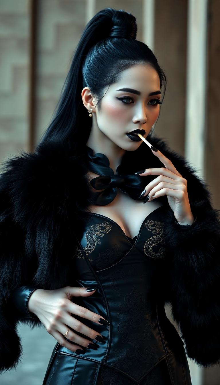 A striking mid-30s asian vampire queen with pale, porcelain skin and thick, voluminous shiny raven black hair cascading  down her shoulders in a high ponytail exuding dark elegance. She wears a luxurious black fur coat over a shiny black latex corset and a slit qipao decoratedwithagolden asian dragon, her heavy gothic makeup, shiny black lips, and nails enhancing her menacing allure as she smokes a slim cigarette. Captured in photorealistic detail with cinematic lighting, soft shadows, a shallow depth of field, and the precision of an 8K DSLR shot using a 50mm lens, the scene radiates haunting sophistication.