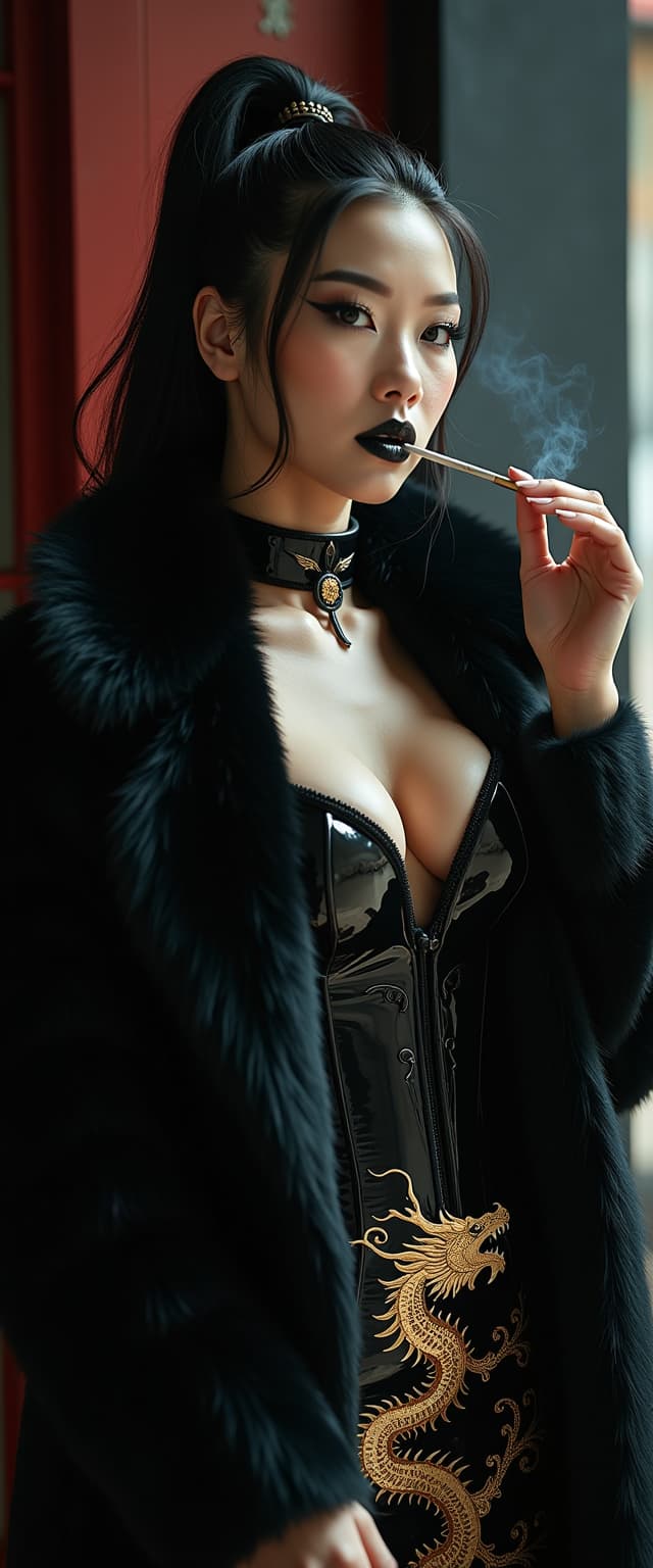 A striking mid-30s asian vampire queen with pale, porcelain skin and thick, voluminous shiny raven black hair cascading  down her shoulders in a high ponytail exuding dark elegance. She wears a luxurious black fur coat over a shiny black latex corset and a slit qipao decoratedwithagolden asian dragon, her heavy gothic makeup, shiny black lips, and nails enhancing her menacing allure as she smokes a slim cigarette. Captured in photorealistic detail with cinematic lighting, soft shadows, a shallow depth of field, and the precision of an 8K DSLR shot using a 50mm lens, the scene radiates haunting sophistication.