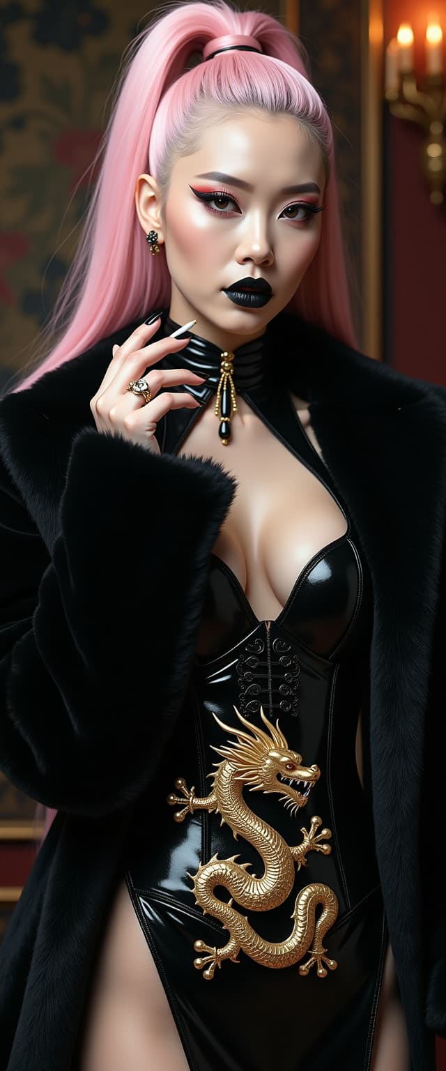 A striking mid-30s Asian vampire queen with pale, porcelain skin and thick, voluminous cotton candy pink hair cascading down her shoulders in a high ponytail commands attention with dark elegance. She wears a luxurious black fur coat over a shiny black latex corset and a slit qipao adorned with a golden Asian dragon, her heavy gothic makeup, shiny black lips, and nails amplifying her menacing allure as she smokes a slim cigarette. Captured in photorealistic detail with cinematic lighting, soft shadows, and the precision of an 8K DSLR shot using a 50mm lens, this full-body portrait radiates haunting sophistication against a dimly lit, opulent gothic backdrop.
