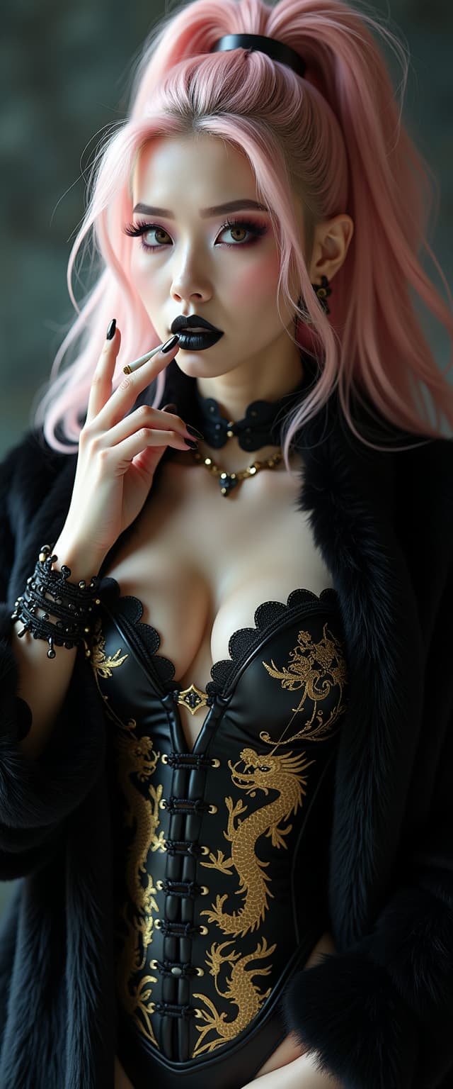 A striking mid-30s asian vampire queen with pale, porcelain skin and thick, voluminous shiny cotton candy pink hair cascading  down her shoulders in a high ponytail exuding dark elegance. She wears a luxurious black fur coat over a shiny black latex corset and a slit qipao decoratedwithagolden asian dragon, her heavy gothic makeup, shiny black lips, and nails enhancing her menacing allure as she smokes a slim cigarette. Captured in photorealistic detail with cinematic lighting, soft shadows, the precision of an 8K DSLR shot using a 50mm lens, the scene radiates haunting sophistication. The picture shows her full body