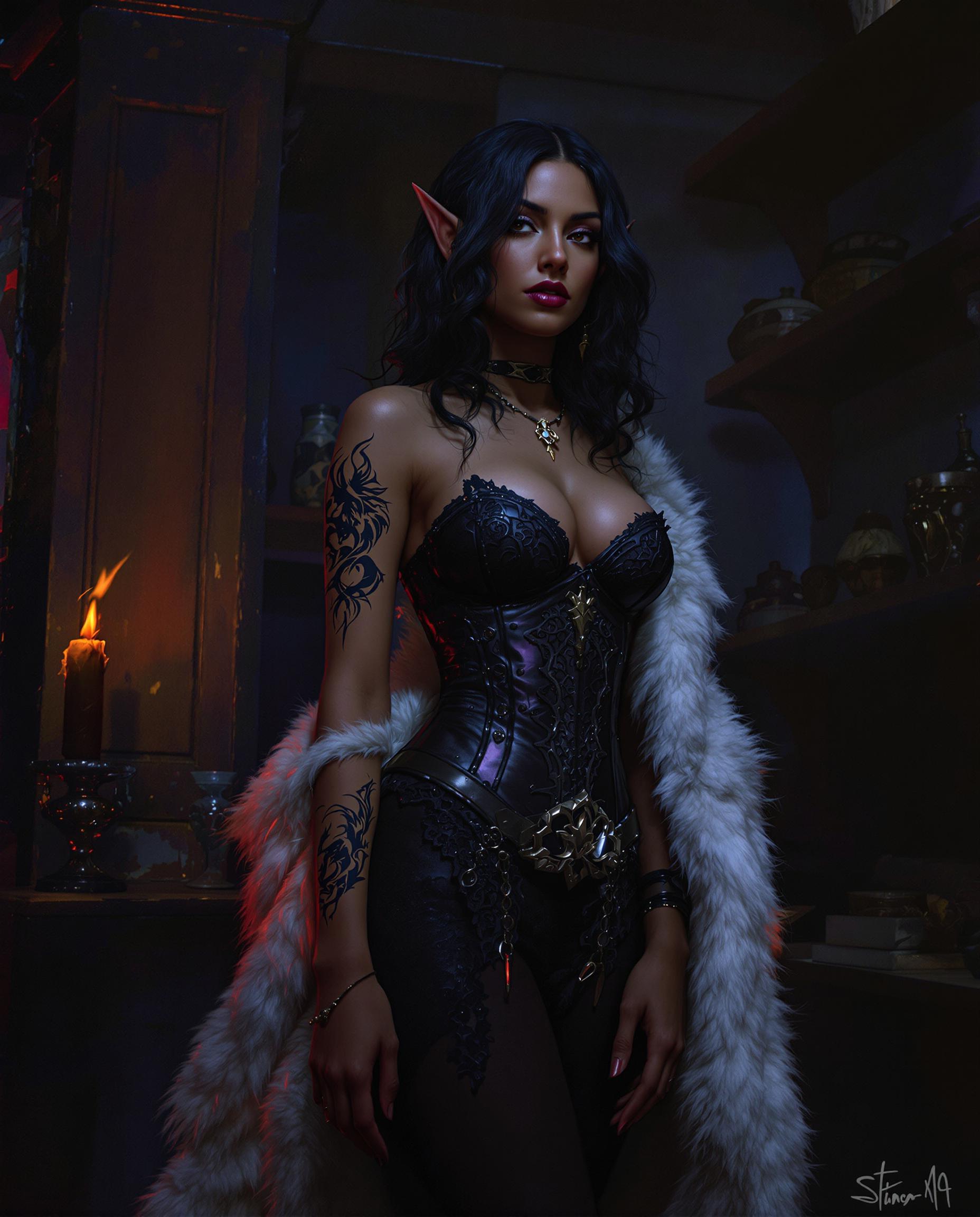 A breathtaking digital painting of a mysterious female figure with pointed ears and deep brown skin, her dark, wavy hair cascading over her shoulders, revealing a stylized bird or dragon tattoo on her left arm. She wears a gothic black corset with intricate lace detailing, cinched by a metallic belt, paired with a luxurious white fur-lined cloak, standing in a dimly lit, ancient room with wooden walls, dusty shelves, and a flickering candle casting eerie shadows. The scene is drenched in deep blues and purples with dramatic accents of red and orange, creating a nightmarish, otherworldly atmosphere with expertly rendered lighting and depth.