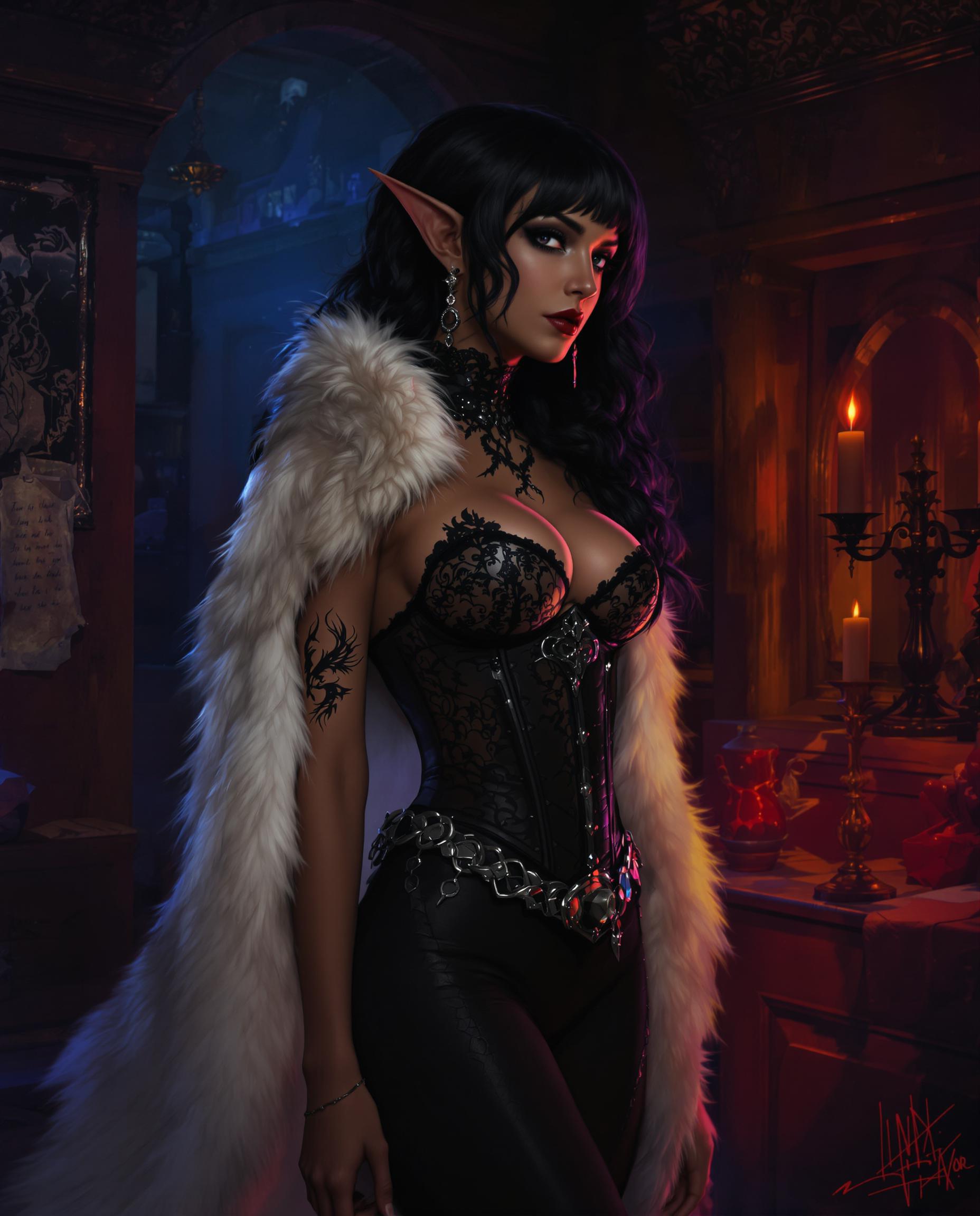 A breathtaking digital painting of a mysterious female figure with pointed ears and deep brown skin, her dark, wavy hair cascading over her shoulders, revealing a stylized bird or dragon tattoo on her left arm. She wears a gothic black corset with intricate lace detailing, cinched by a metallic belt, paired with a luxurious white fur-lined cloak, standing in a dimly lit, ancient room with wooden walls, dusty shelves, and a flickering candle casting eerie shadows. The scene is drenched in deep blues and purples with dramatic accents of red and orange, creating a nightmarish, otherworldly atmosphere with expertly rendered lighting and depth.