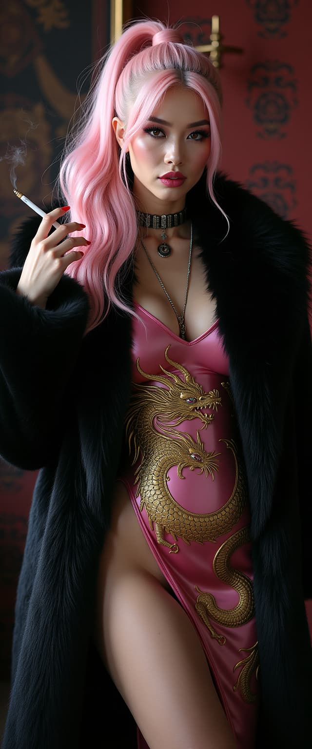A striking mid-30s Asian vampire queen with pale, porcelain skin and thick, voluminous cotton candy pink hair cascading down her shoulders in a high ponytail commands attention with dark elegance. She wears a luxurious black fur coat over a shiny pink latex slit qipao adorned with a golden Asian dragon, her heavy gothic makeup, shiny pink lips, and nails amplifying her menacing allure as she smokes a slim cigarette. Captured in photorealistic detail with cinematic lighting, soft shadows, and the precision of an 8K DSLR shot using a 50mm lens, this full-body portrait radiates haunting sophistication against a dimly lit, opulent gothic backdrop.
