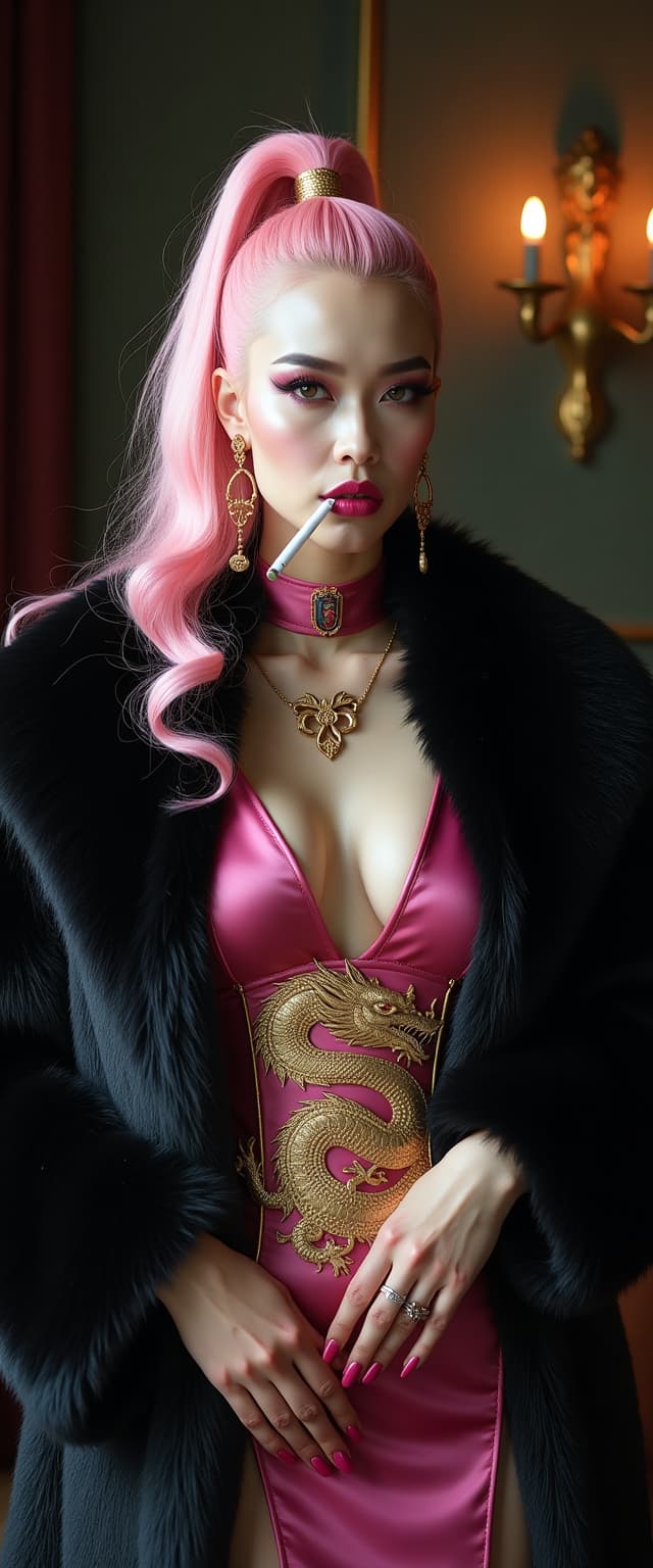 A striking mid-30s Asian vampire queen with pale, porcelain skin and thick, voluminous cotton candy pink hair cascading down her shoulders in a high ponytail commands attention with dark elegance. She wears a luxurious black fur coat over a shiny pink latex slit qipao adorned with a golden Asian dragon, her heavy gothic makeup, shiny pink lips, and nails amplifying her menacing allure as she smokes a slim cigarette. Captured in photorealistic detail with cinematic lighting, soft shadows, and the precision of an 8K DSLR shot using a 50mm lens, this full-body portrait radiates haunting sophistication against a dimly lit, opulent gothic backdrop.