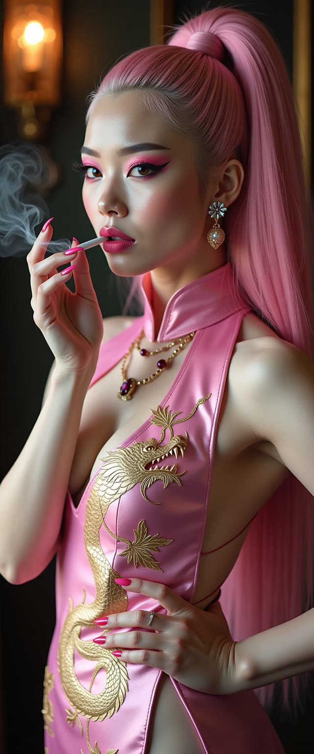 A striking mid-30s Asian vampire queen with pale, porcelain skin and thick, voluminous cotton candy pink hair cascading down her shoulders in a high ponytail commands attention with dark elegance. She wears a shiny pink latex slit qipao adorned with a golden Asian dragon, her heavy gothic makeup, shiny pink lips, and nails amplifying her menacing allure as she smokes a slim cigarette. Captured in photorealistic detail with cinematic lighting, soft shadows, and the precision of an 8K DSLR shot using a 50mm lens, this full-body portrait radiates haunting sophistication against a dimly lit, opulent gothic backdrop.