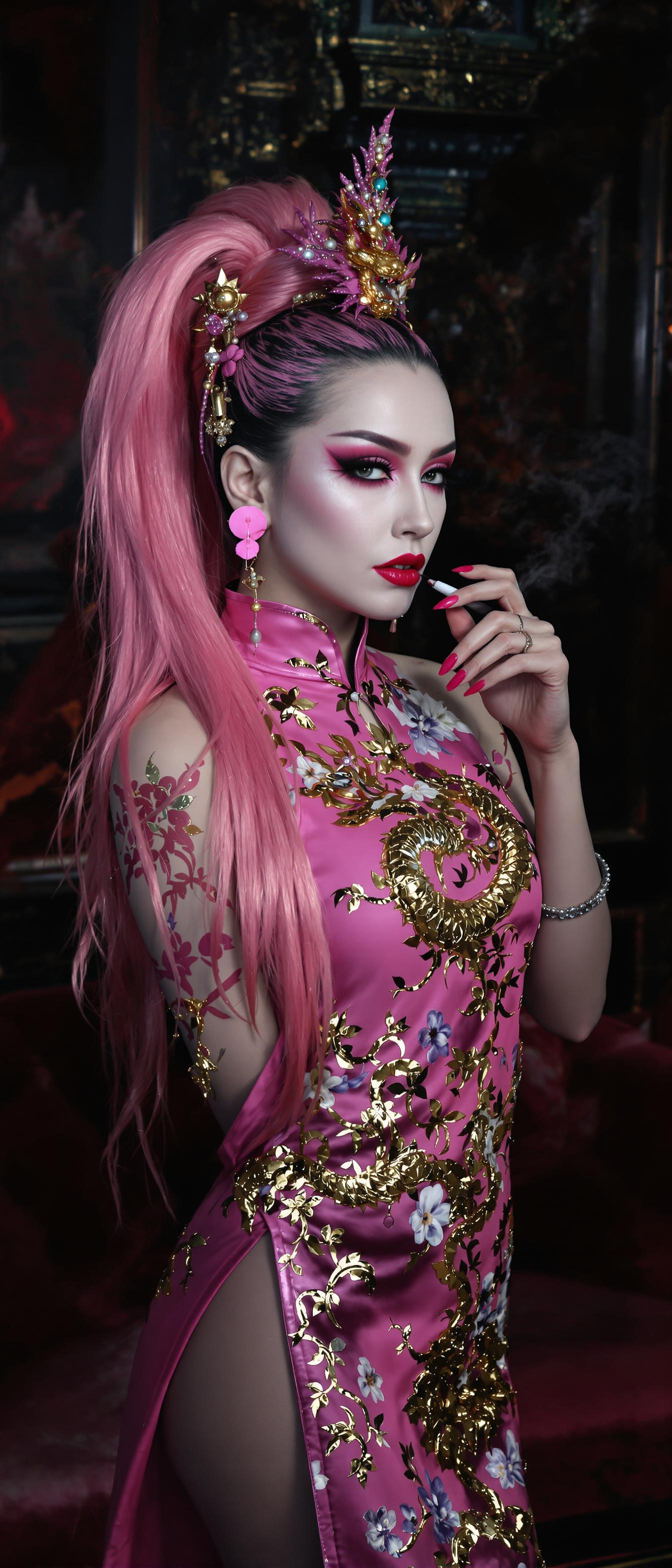 A striking mid-30s Asian vampire queen with pale, porcelain skin and thick, voluminous cotton candy pink hair cascading from a high ponytail commands attention with dark elegance, her shiny pink latex slit qipao adorned with a golden Asian dragon accentuating her menacing allure binds her large breasts. Her heavy gothic makeup, shiny pink lips, and matching nails intensify her haunting sophistication as she smokes a slim cigarette, captured in a full-body portrait with photorealistic 8K detail, cinematic lighting, soft shadows, and a 50mm DSLR lens. Set against a dimly lit, opulent gothic backdrop with rich velvet textures and intricate carvings, the scene exudes an eerie, regal atmosphere.