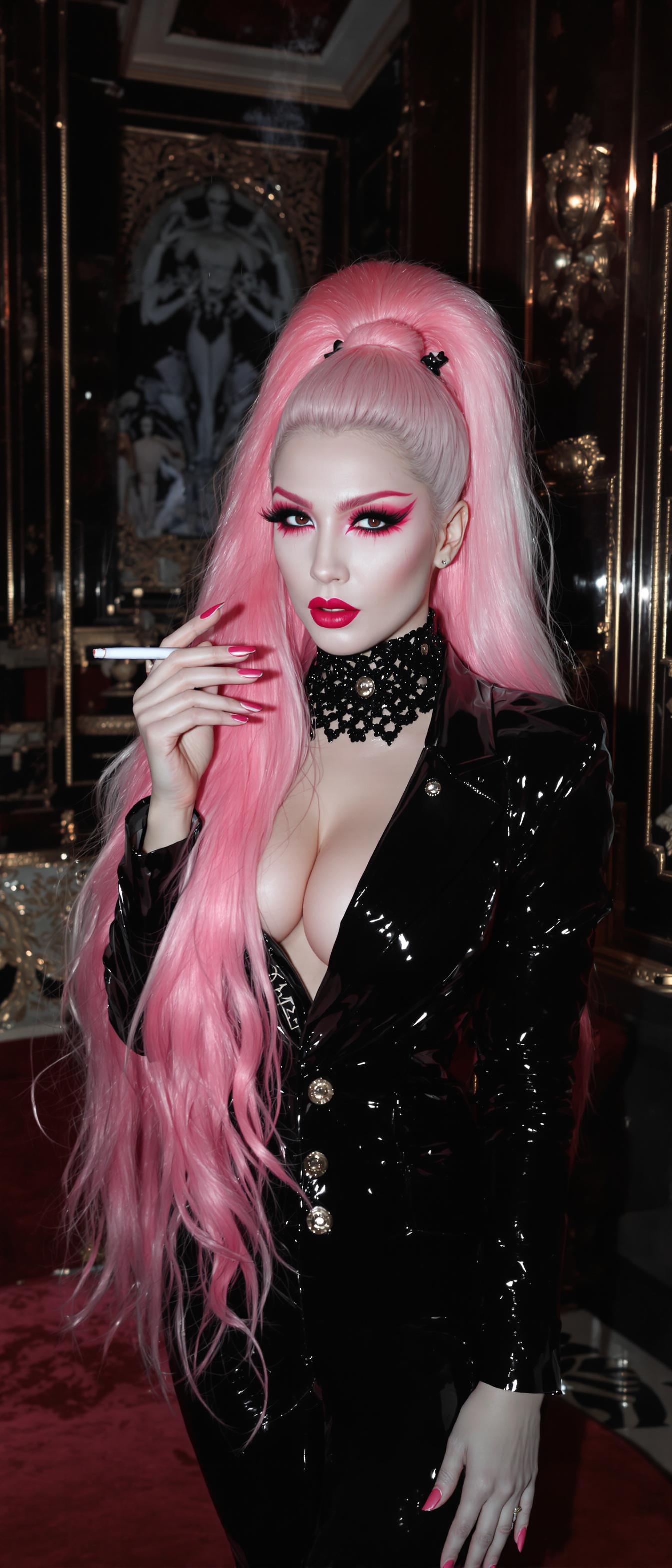 A striking mid-30s Asian vampire queen with pale, porcelain skin and thick, voluminous cotton candy pink hair cascading from a high ponytail commands attention with dark elegance, her shiny black latex business suit accentuating her menacing allure binds her large breasts. Her heavy gothic makeup, shiny pink lips, and matching nails intensify her haunting sophistication as she smokes a slim cigarette, captured in a full-body portrait, cinematic lighting, soft shadows, and a 50mm DSLR lens. Set against a dimly lit, opulent hotel lobby with rich velvet textures and intricate carvings, the scene exudes an eerie, regal atmosphere.