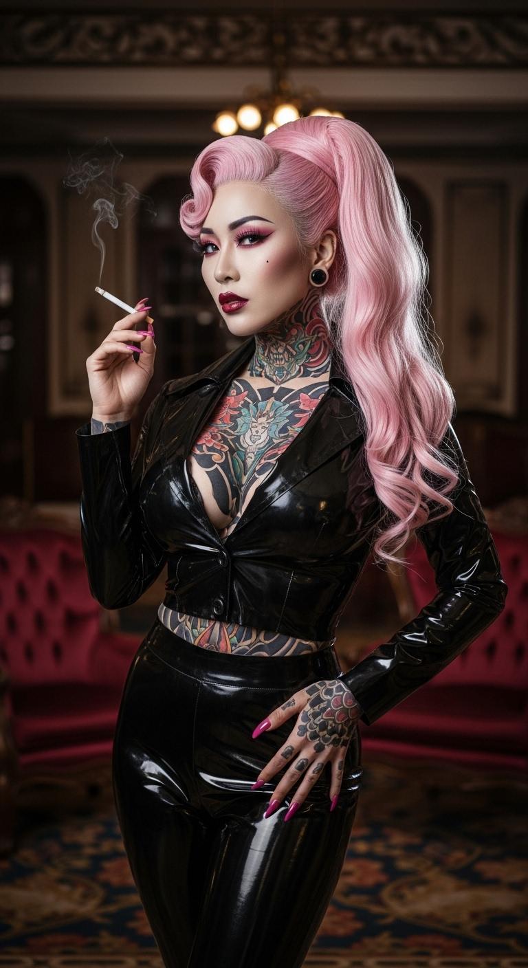 A striking mid-30s Asian vampire queen with pale, porcelain skin and thick, voluminous cotton candy pink hair cascading from a high ponytail commands attention with dark elegance, her shiny black latex business suit accentuating her menacing allure binds her large breasts. Her torso is covered in colorful asian tattoos. Her heavy gothic makeup, shiny pink lips, and matching nails intensify her haunting sophistication as she smokes a slim cigarette, captured in a full-body portrait, cinematic lighting, soft shadows, and a 50mm DSLR lens. Set against a dimly lit, opulent hotel lobby with rich velvet textures and intricate carvings, the scene exudes an eerie, regal atmosphere.