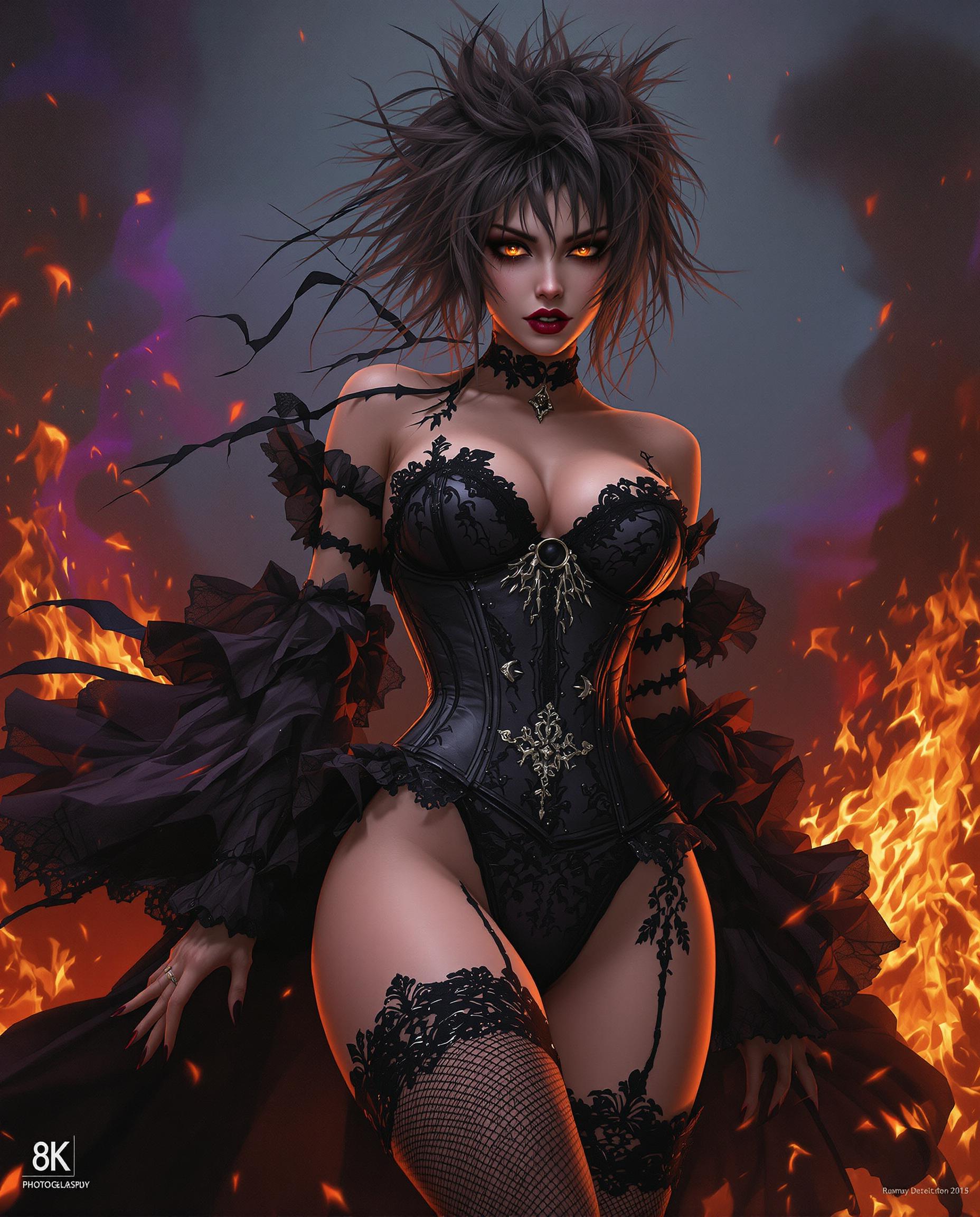 A stunning digital painting of a female figure in a dynamic, dramatic pose, captured with photorealistic detail and exaggerated features like large, expressive eyes and a slender, elongated neck. Her gothic outfit, featuring a black corset with intricate lace, ruffled sleeves, and thigh-high stockings, contrasts with her messy, spiky hair, enhancing her edgy, rebellious vibe, while rich, moody deep blues and purples blend with warm, fiery reds and oranges under cinematic lighting. The blurred background of flames and smoke intensifies the chaotic, intense atmosphere, rendered in 8K detail with smooth color blending.