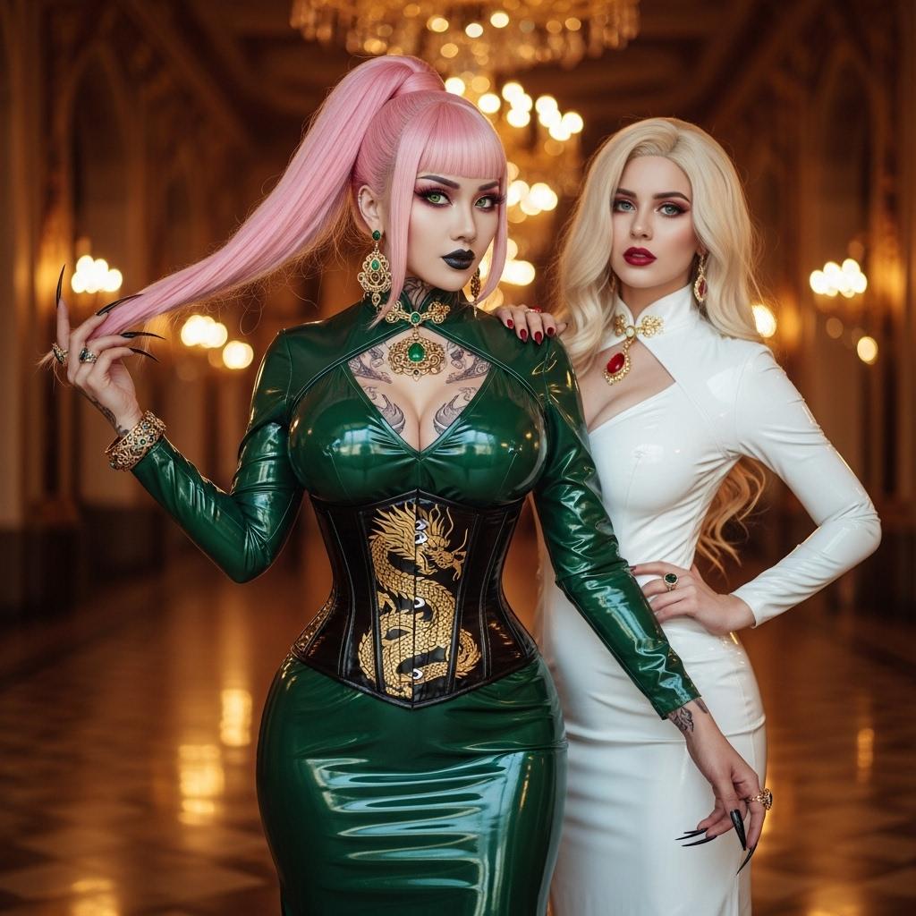 A breathtaking bubblegum pink haired asian vampire queen.the epitome of dark elegance, dressed in a shimmering green latex qipao evening gown that flows with a luxurious, liquid-like sheen, Her attire is paired with a tight black latex corset decorated with a golden chinese dragon, sculpting her powerful form and accentuating her ample cleavage with a glossy, reflective finish. Her long thick ponytail bubblegum pink hair catches the warm, golden glow of opulent ballroom chandeliers, framing her piercing emerald eyes that burn with an intense, commanding gaze. Her gothic makeup is striking and dramatic, featuring heavy dark eyeshadow with smoky, smudged edges, glossy black lipstick that starkly contrasts her pale, porcelain skin, and long, dragonlady style glossy black nails that add a sharp, menacing edge to her presence. She is adorned with lavish emerald and gold jewelry—intricate bracelets encircling her wrists, a tight choker necklace hugging her throat, ornate rings glinting on her fingers, and dangling earrings that shimmer with every subtle movement. Her entire body is covered by elegant and colorful asaian dragon tattoos.

Beside her stands a much shorter striking golden haired blonde woman, exuding a contrasting yet complementary allure, dressed in a shiny white latex evening gown that clings to her form with a reflective, almost liquid-like texture, emphasizing every curve with a futuristic sheen. Her vivid ruby jewelry—necklace, earrings, and rings—glints like fire under the ambient light, perfectly matching her blood-red painted lips and claw-like nails, which add a dangerous, predatory charm.

The scene unfolds in a luxurious ballroom, an opulent setting of timeless grandeur. Ornate golden chandeliers cast a warm, ambient glow across the space, while polished marble floors reflect subtle highlights of light, creating a mirror-like effect beneath their feet. Rich crimson drapes frame the background, adding regal depth and a sense of theatrical drama. The composition centers on the Asian vampire as the dominant figure, captured from a slight low angle to emphasize her towering, powerful presence, while the shorter blonde woman stands slightly to the side, her posture elegant yet submissive, creating a balanced yet dynamic duo that draws the eye.

Soft, cinematic lighting bathes the scene, meticulously highlighting the intricate textures of the satin and latex fabrics, the reflective glint of jewelry, and the subtle sheen of their skin. Delicate shadows fall across their forms, adding depth and dimension to their striking silhouettes. The mood is bold, dramatic, and mysterious, steeped in a nocturnal atmosphere of gothic sophistication and raw, untamed strength, evoking a sense of timeless allure and unspoken power.